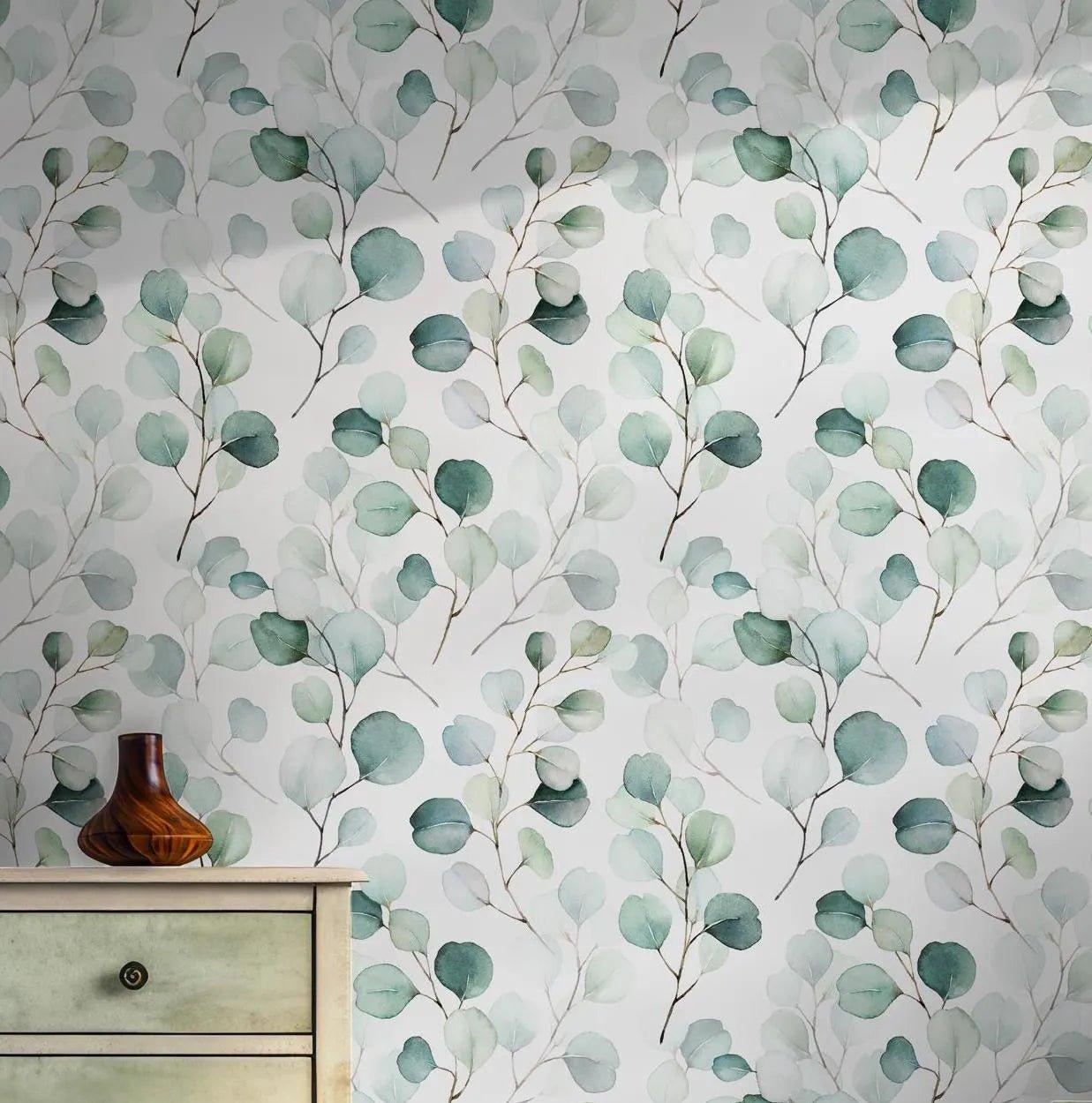 Eucalyptus Leaves Wallpaper - Self Adhesive Peel and Stick - Watercolor Subtle Nature BV258