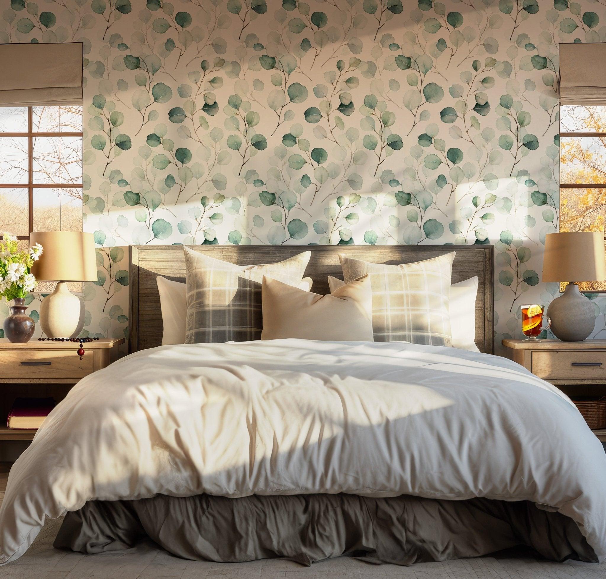 Eucalyptus Leaves Wallpaper - Self Adhesive Peel and Stick - Watercolor Subtle Nature BV258