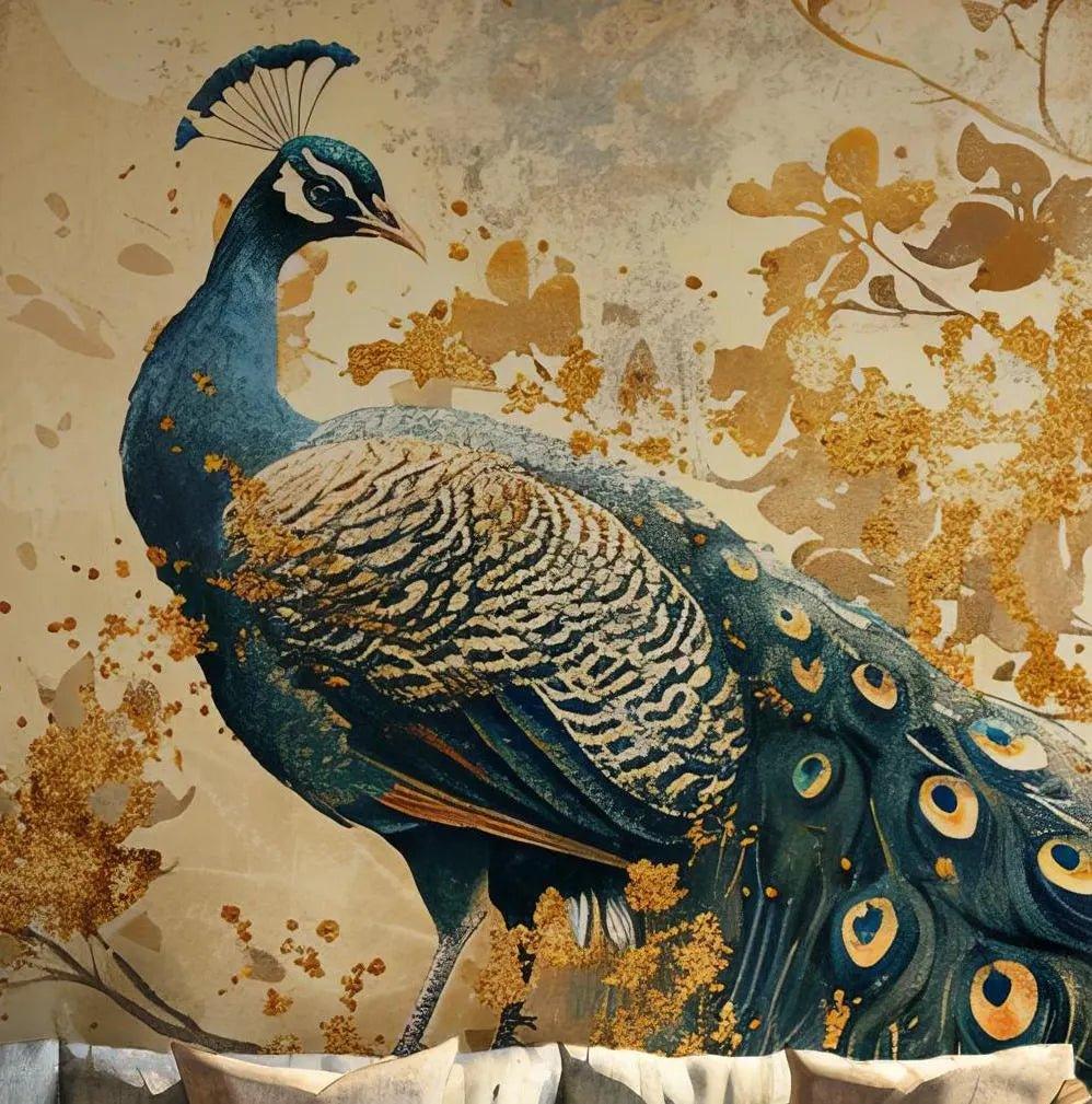 Gold Peacock Wallpaper - Self Adhesive Wall Mural - Japanese Floral Artistic Plants Exotic Nature BV104