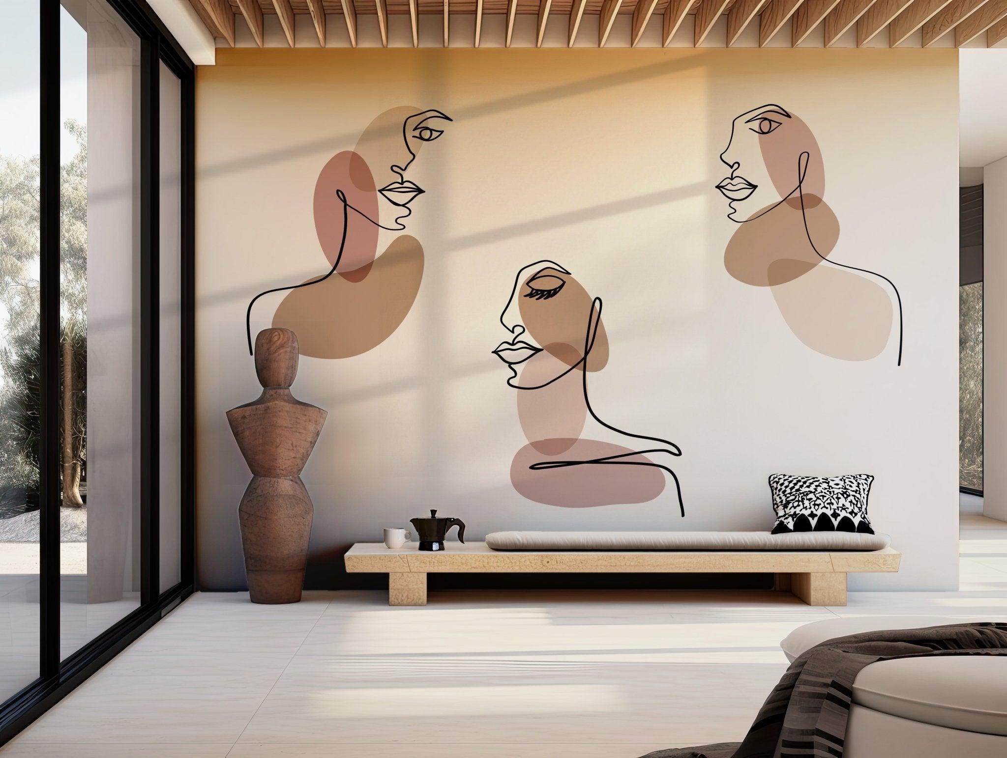Faces Beige Brown Wallpaper - Peel and Stick Wall Mural - Abstract Line Art Minimalist Modern BV284