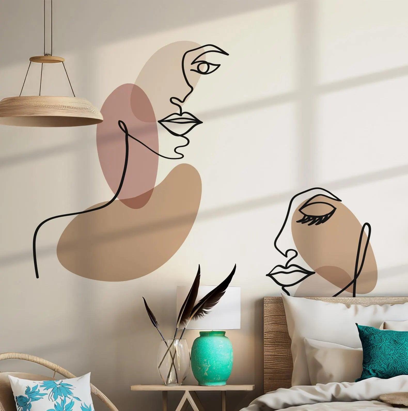 Faces Beige Brown Wallpaper - Peel and Stick Wall Mural - Abstract Line Art Minimalist Modern BV284