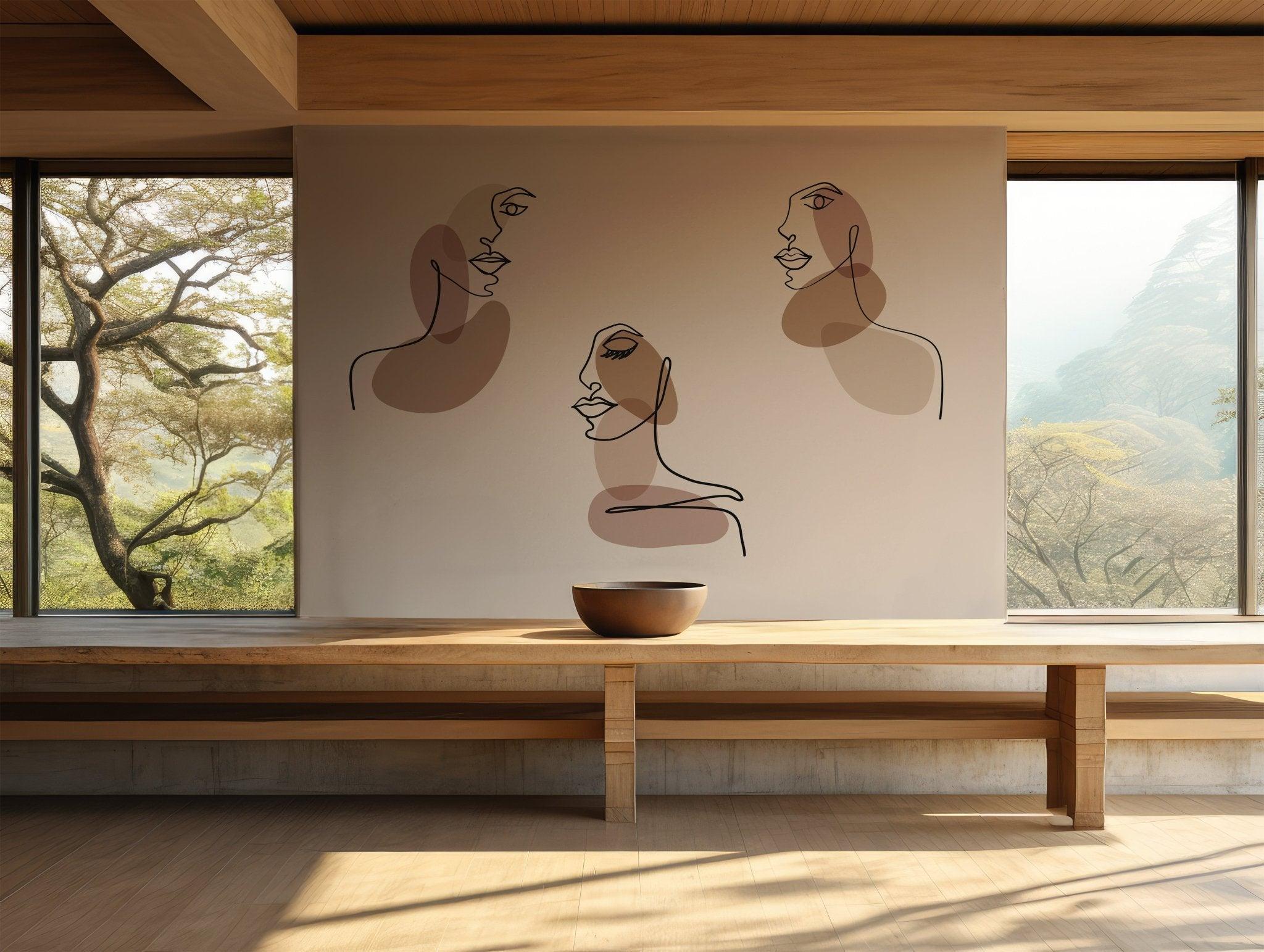 Faces Beige Brown Wallpaper - Peel and Stick Wall Mural - Abstract Line Art Minimalist Modern BV284