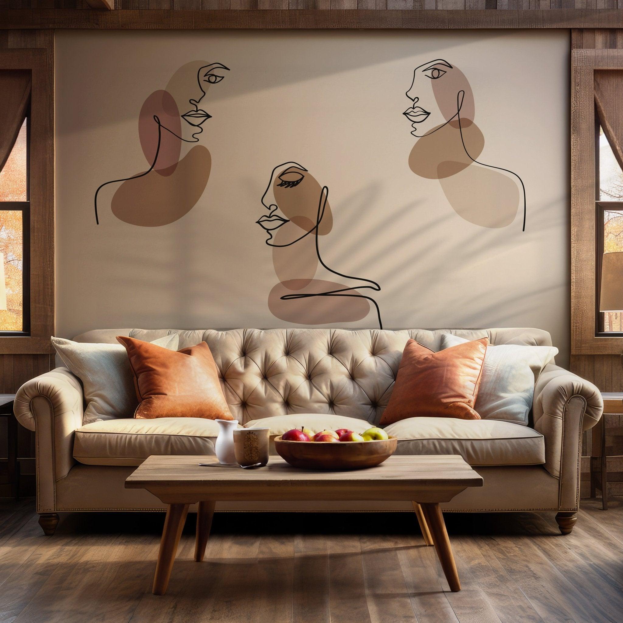Faces Beige Brown Wallpaper - Peel and Stick Wall Mural - Abstract Line Art Minimalist Modern BV284