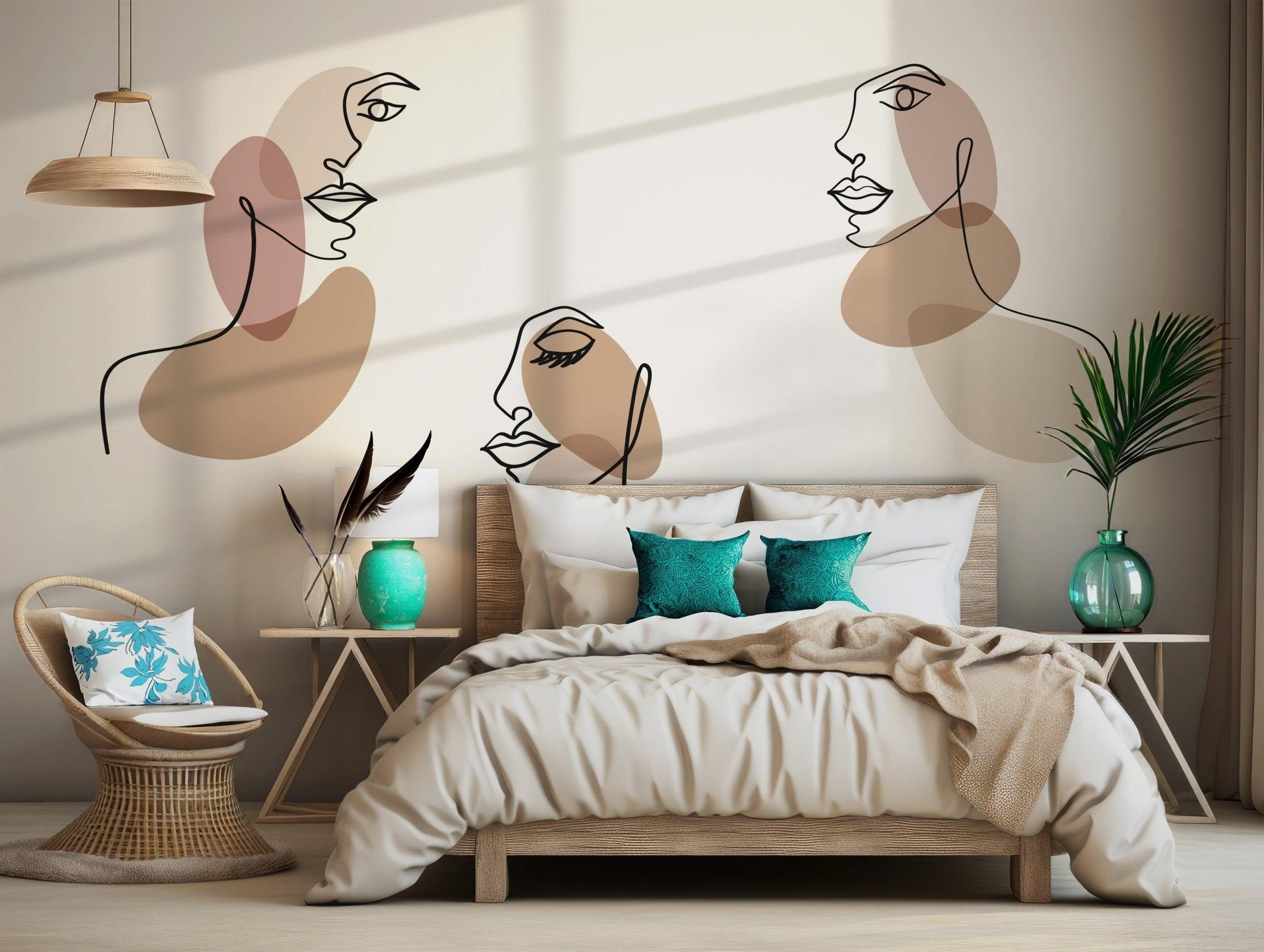 Faces Beige Brown Wallpaper - Peel and Stick Wall Mural - Abstract Line Art Minimalist Modern BV284