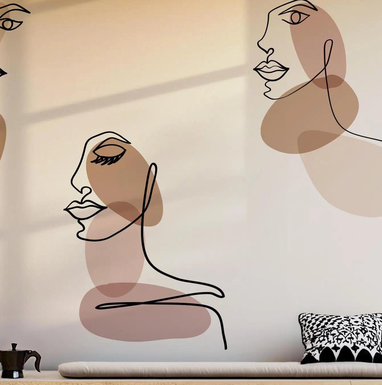 Faces Beige Brown Wallpaper - Peel and Stick Wall Mural - Abstract Line Art Minimalist Modern BV284