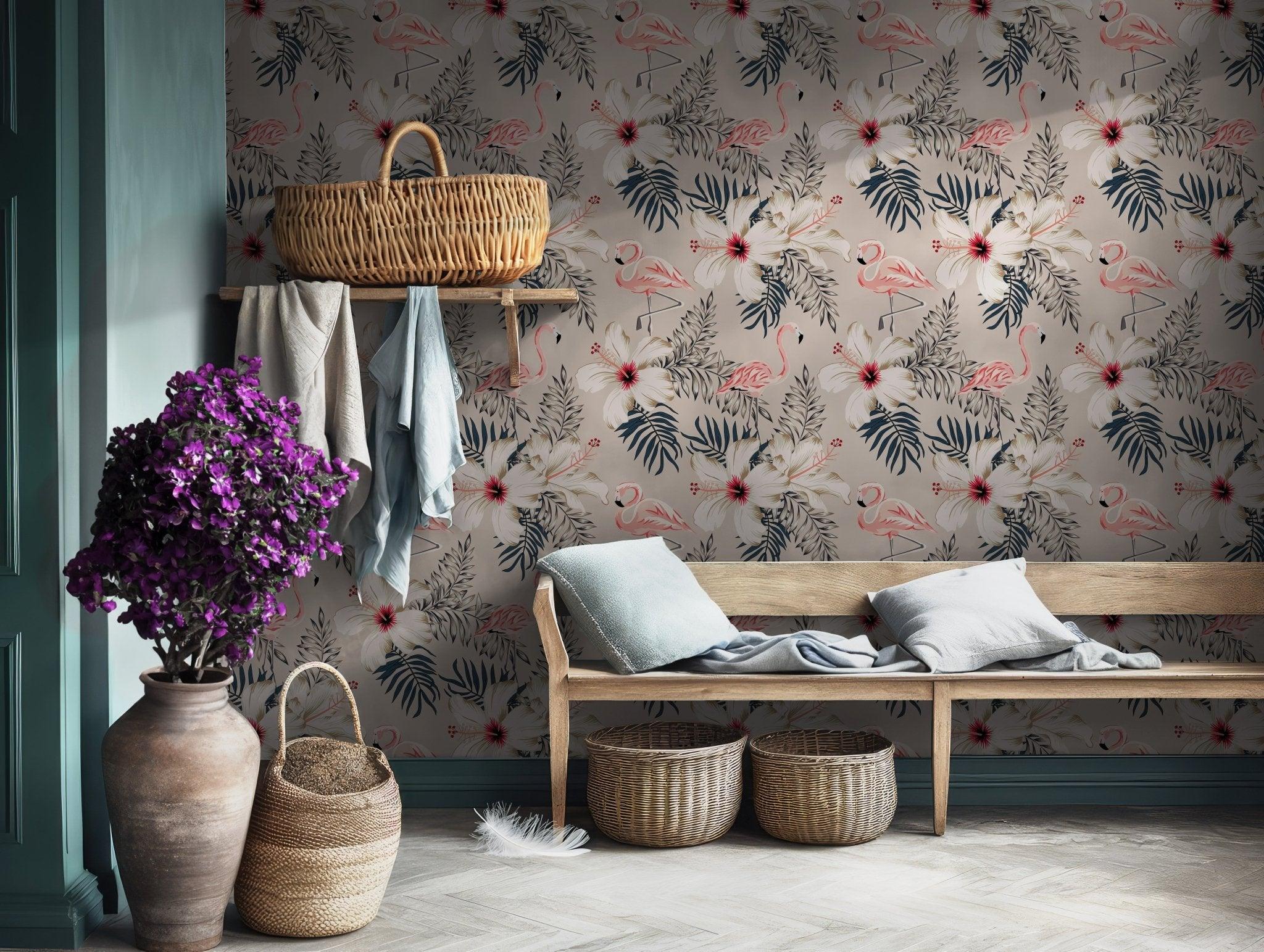 Flamingo Wallpaper - Self Adhesive Peel and Stick - Tropical Green Palm Leaves BV154