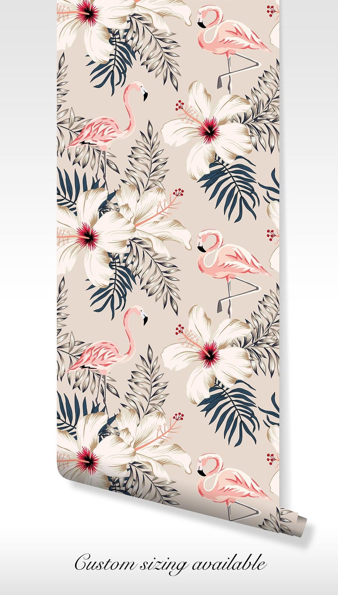 Flamingo Wallpaper - Self Adhesive Peel and Stick - Tropical Green Palm Leaves BV154