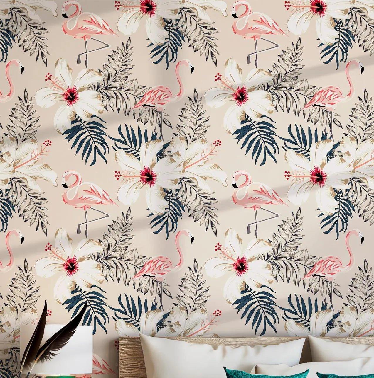 Flamingo Wallpaper - Self Adhesive Peel and Stick - Tropical Green Palm Leaves BV154