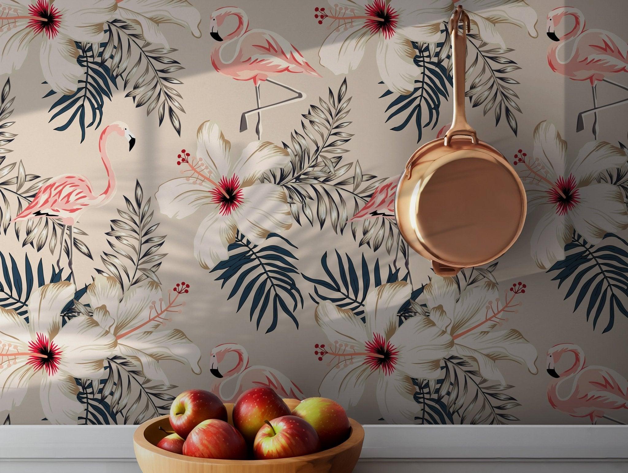 Flamingo Wallpaper - Self Adhesive Peel and Stick - Tropical Green Palm Leaves BV154
