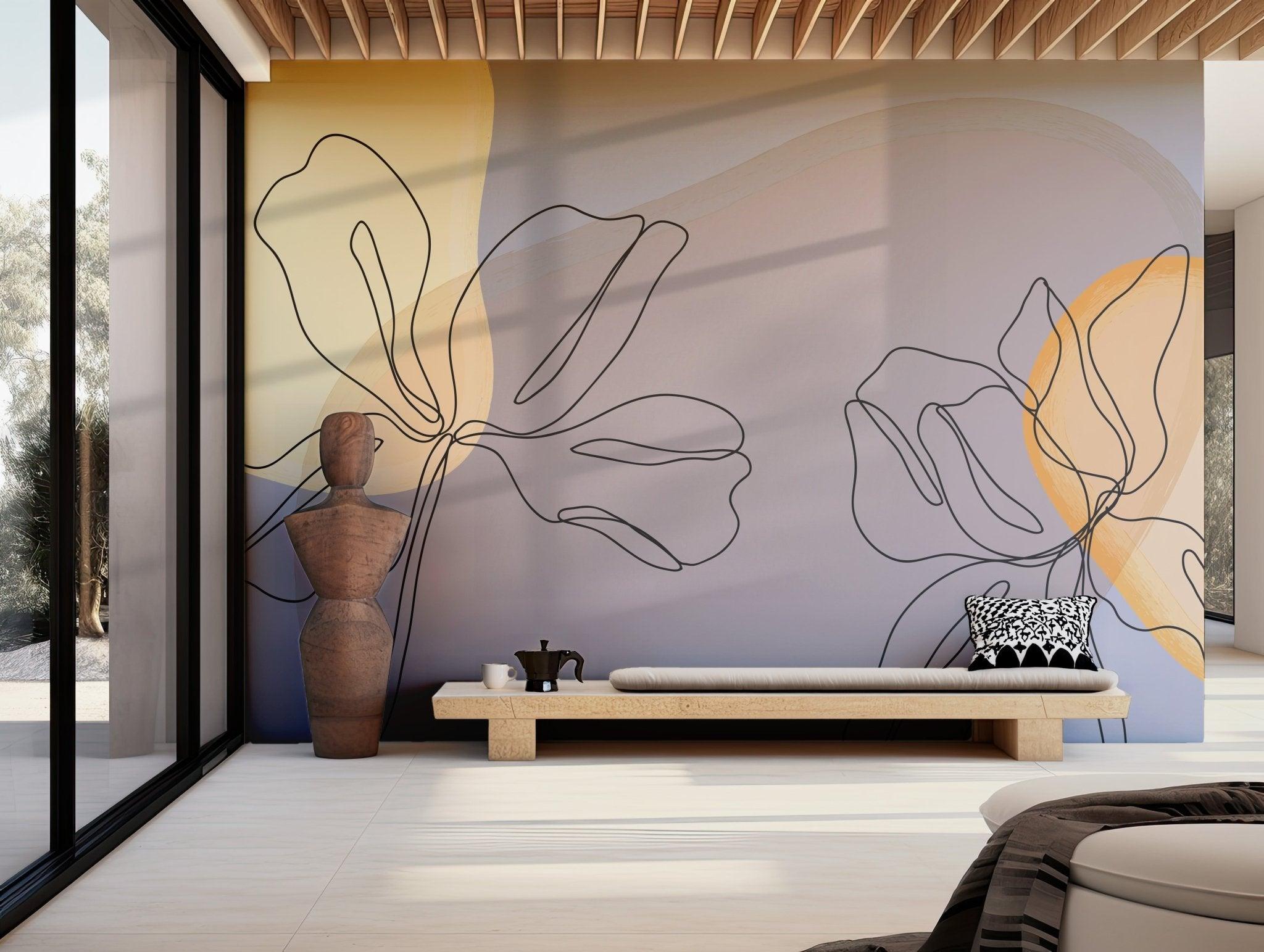 Floral Neutral Tones Wallpaper - Peel and Stick Wall Mural - Earthy Warm Tones Line Art BV299