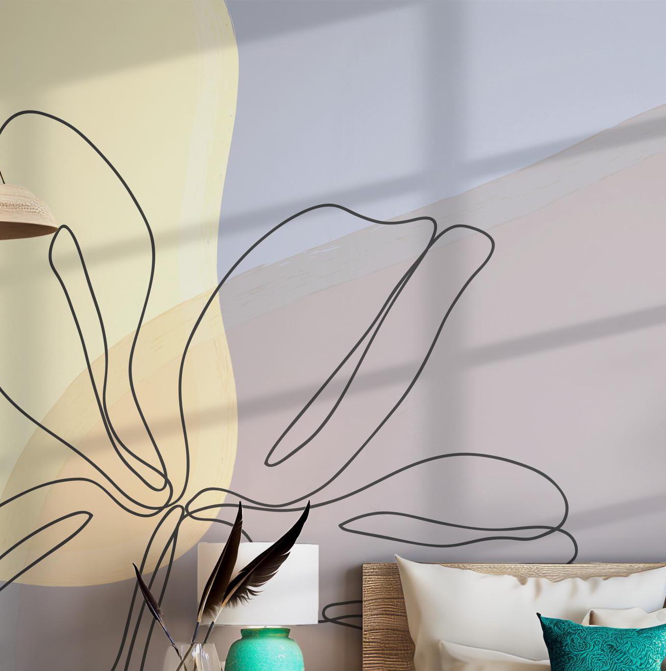 Floral Neutral Tones Wallpaper - Peel and Stick Wall Mural - Earthy Warm Tones Line Art BV299