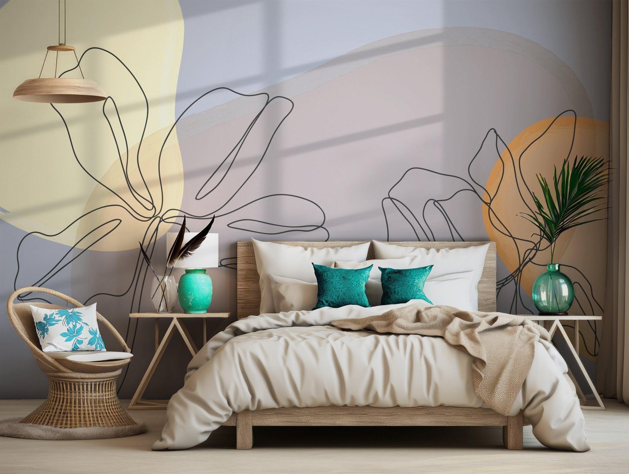 Floral Neutral Tones Wallpaper - Peel and Stick Wall Mural - Earthy Warm Tones Line Art BV299