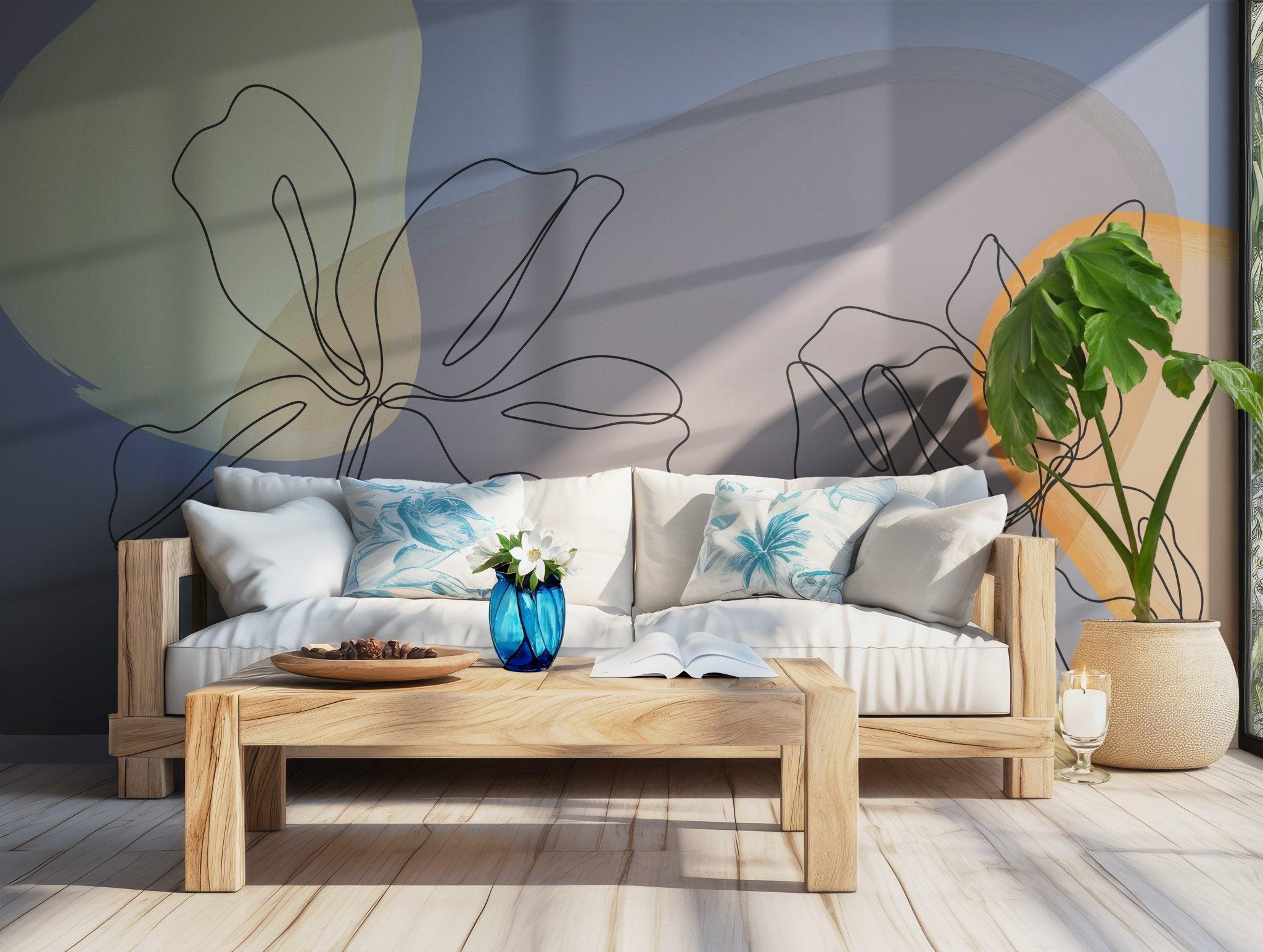 Floral Neutral Tones Wallpaper - Peel and Stick Wall Mural - Earthy Warm Tones Line Art BV299