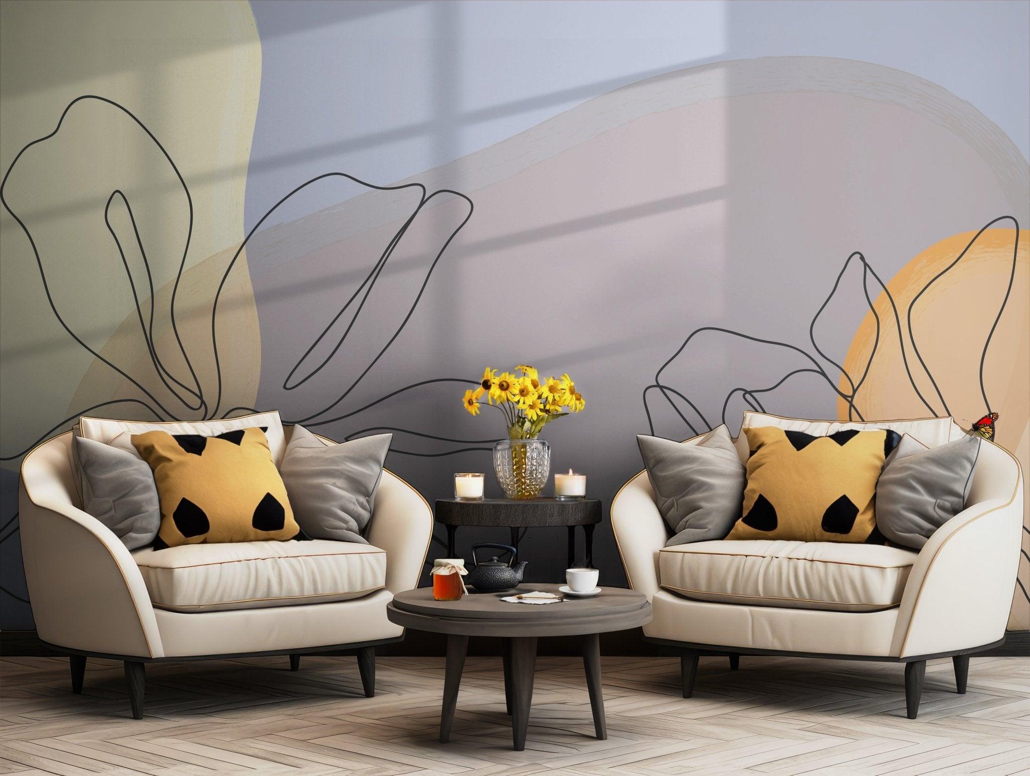 Floral Neutral Tones Wallpaper - Peel and Stick Wall Mural - Earthy Warm Tones Line Art BV299