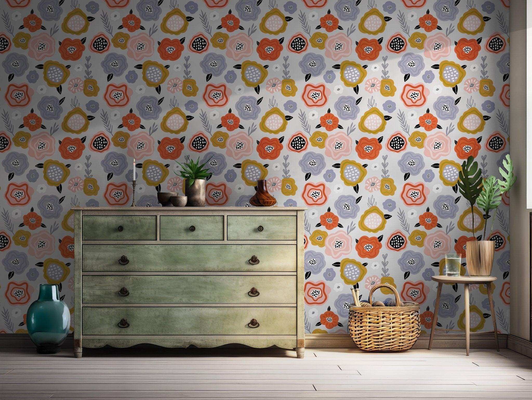 Floral Pattern Wallpaper - Self Adhesive Peel and Stick - Bold Playful Colors Vibrant Accents BV262