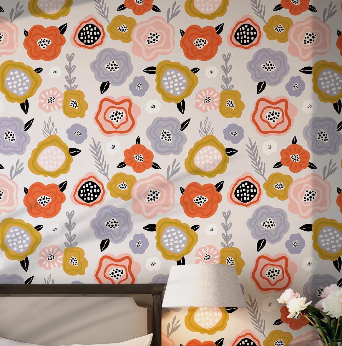 Floral Pattern Wallpaper - Self Adhesive Peel and Stick - Bold Playful Colors Vibrant Accents BV262