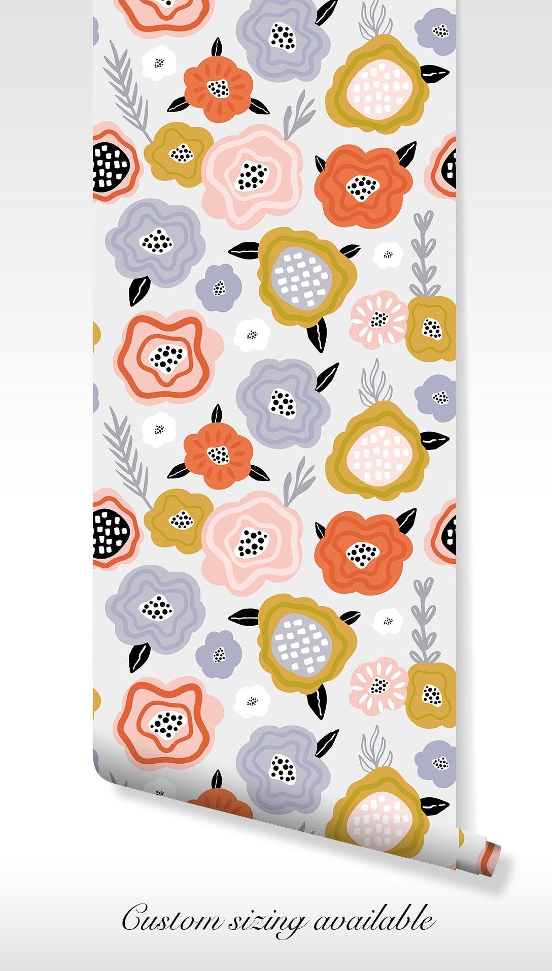 Floral Pattern Wallpaper - Self Adhesive Peel and Stick - Bold Playful Colors Vibrant Accents BV262