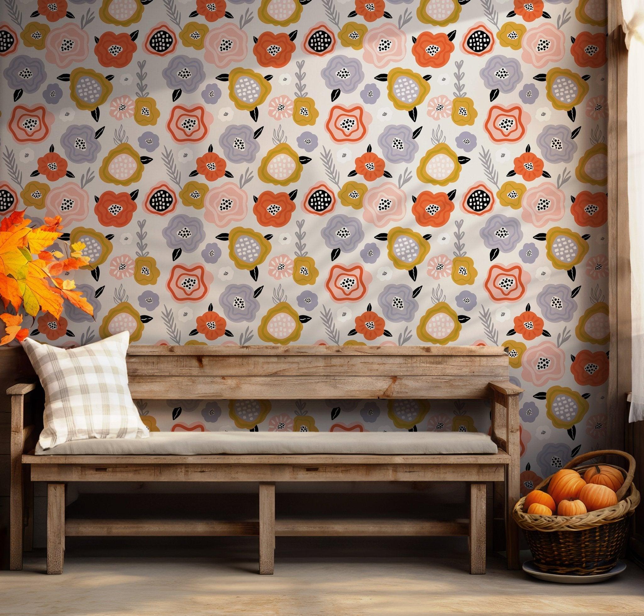 Floral Pattern Wallpaper - Self Adhesive Peel and Stick - Bold Playful Colors Vibrant Accents BV262