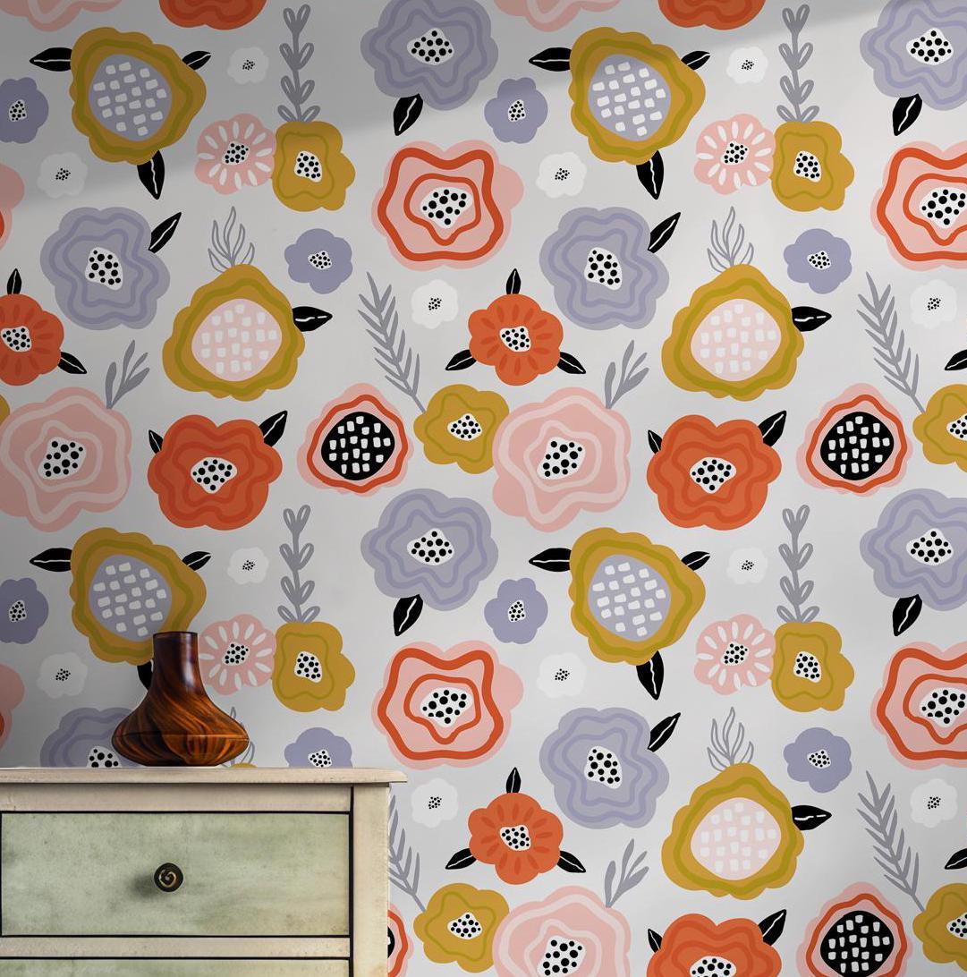 Floral Pattern Wallpaper - Self Adhesive Peel and Stick - Bold Playful Colors Vibrant Accents BV262