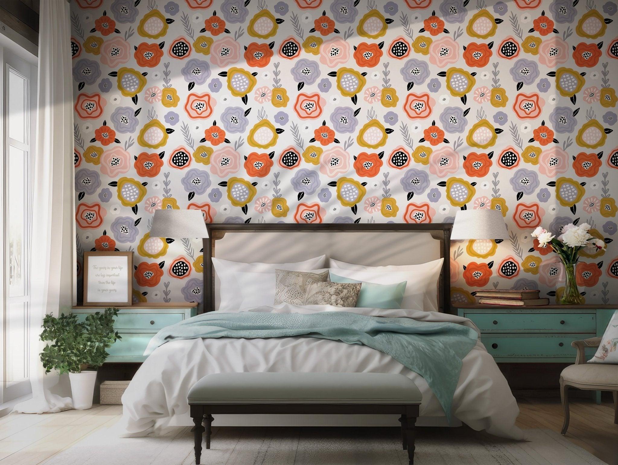 Floral Pattern Wallpaper - Self Adhesive Peel and Stick - Bold Playful Colors Vibrant Accents BV262