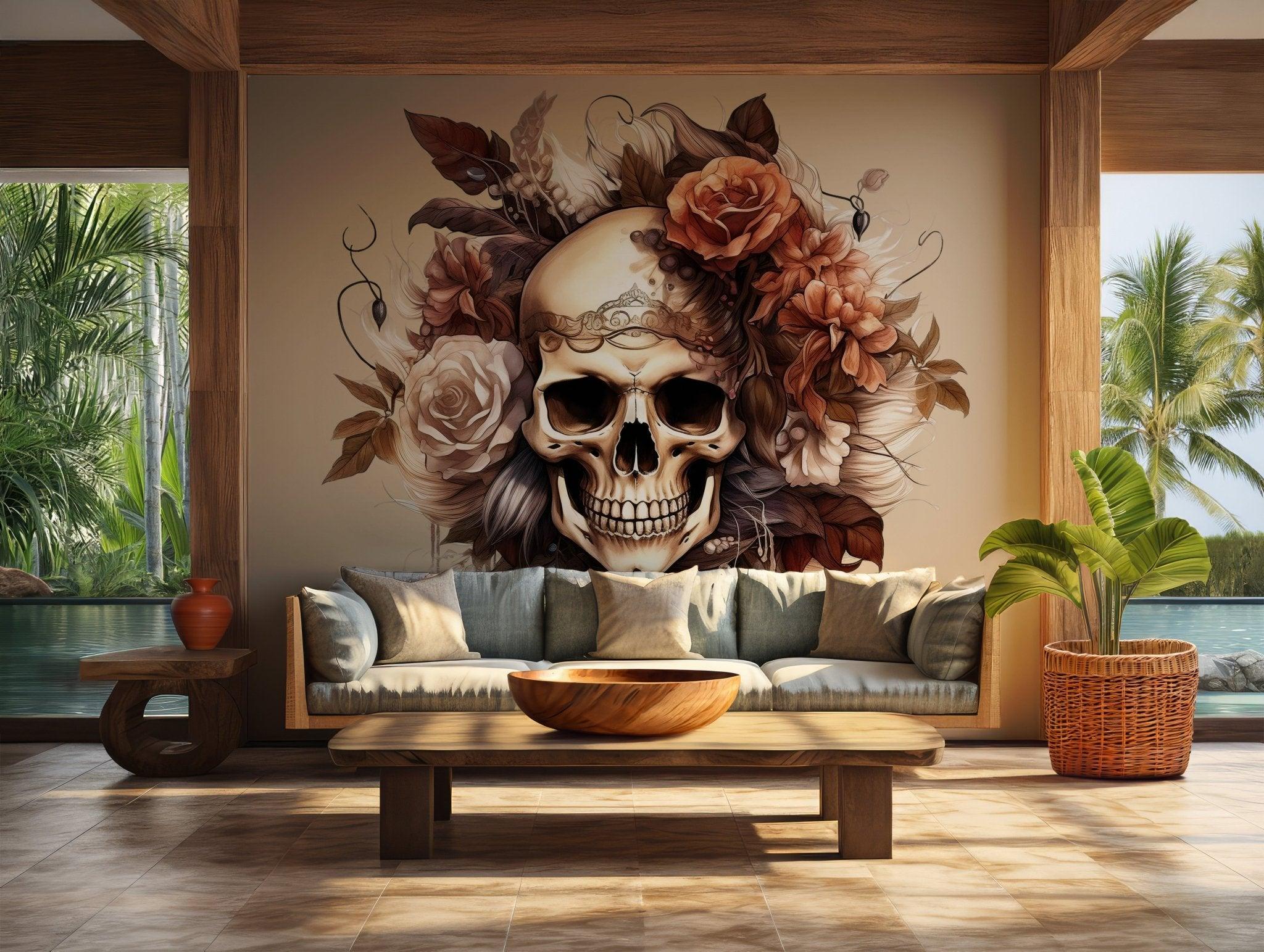 Floral Skull Wallpaper - Self Adhesive Peel and Stick Wall Mural - Art Gothic Bohemian BV278
