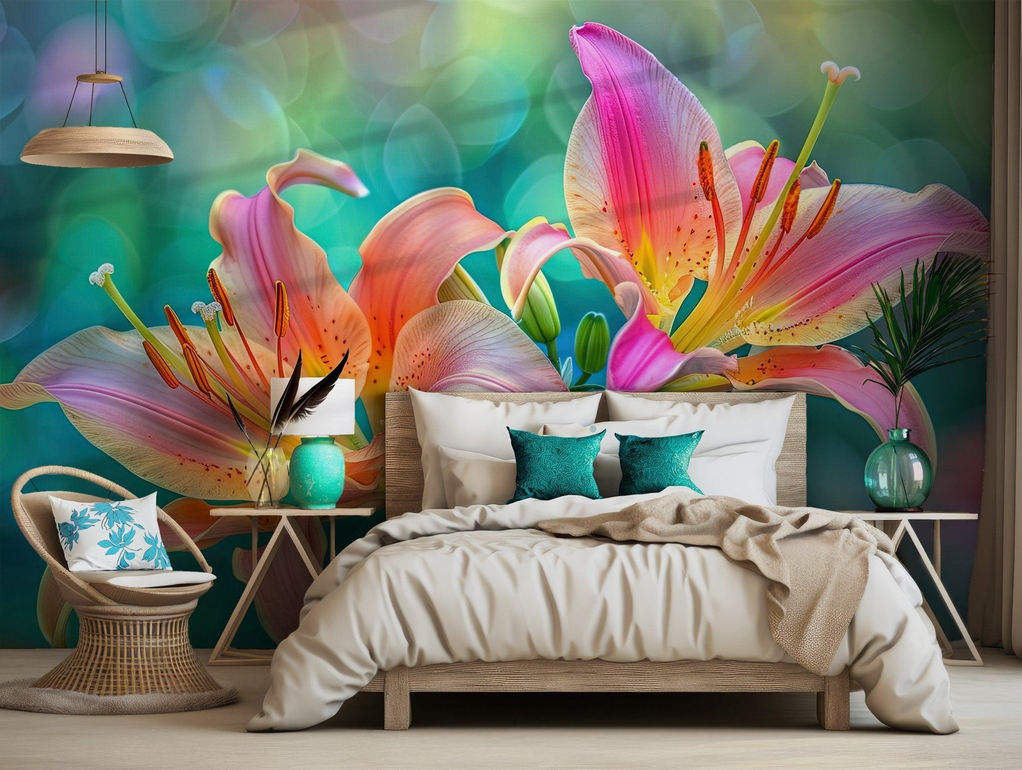 Flowers Red Yellow Wallpaper - Peel and Stick Mural - Lily Colorful Tropical Floral Botanical Green BV203