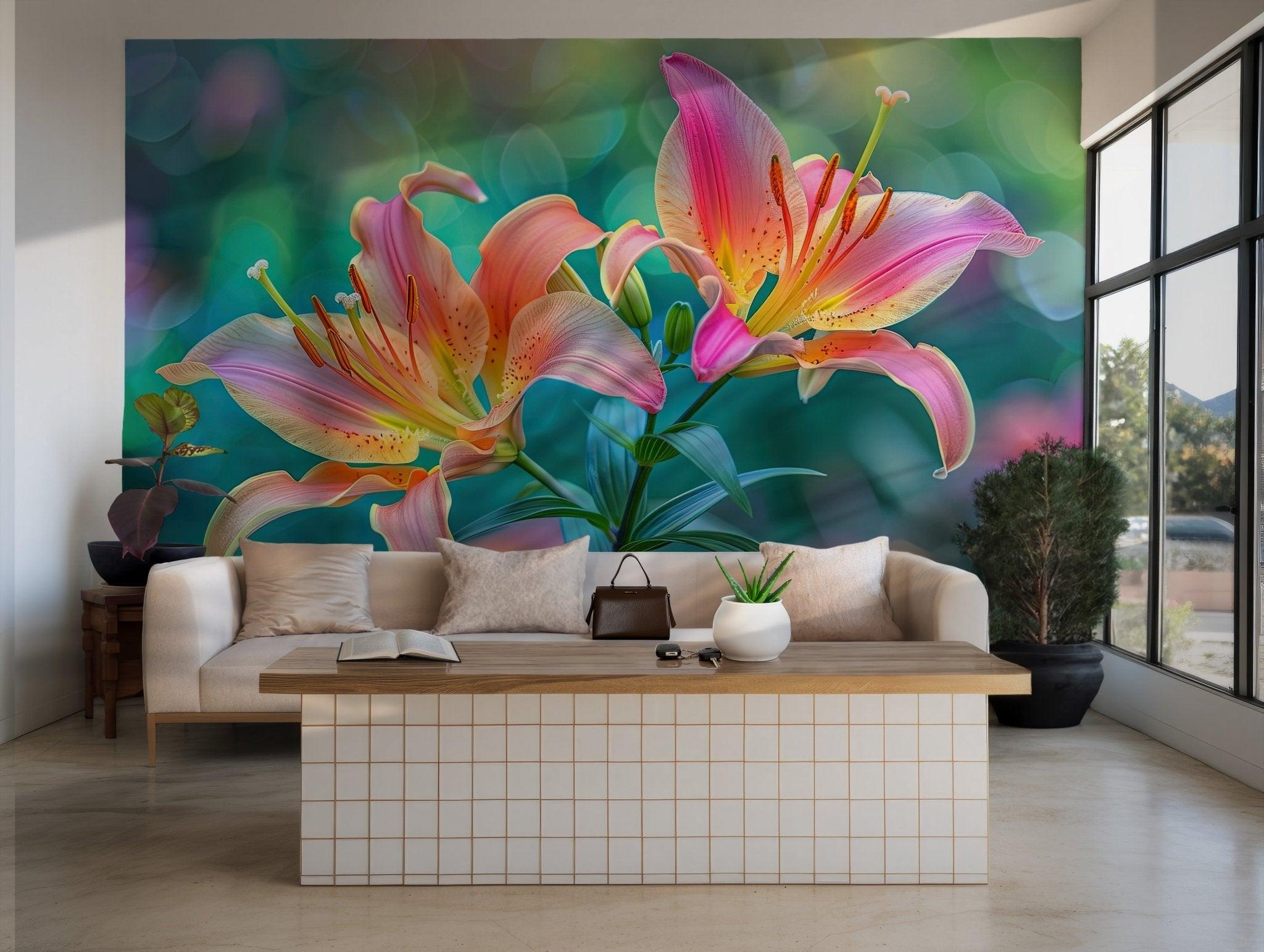 Flowers Red Yellow Wallpaper - Peel and Stick Mural - Lily Colorful Tropical Floral Botanical Green BV203