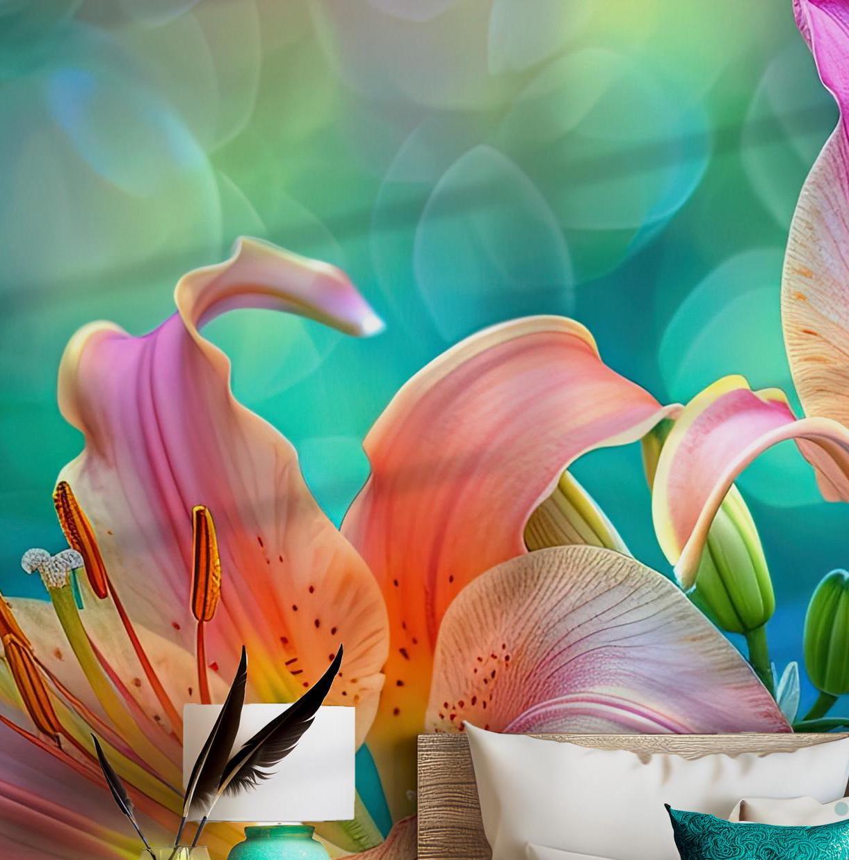 Flowers Red Yellow Wallpaper - Peel and Stick Mural - Lily Colorful Tropical Floral Botanical Green BV203