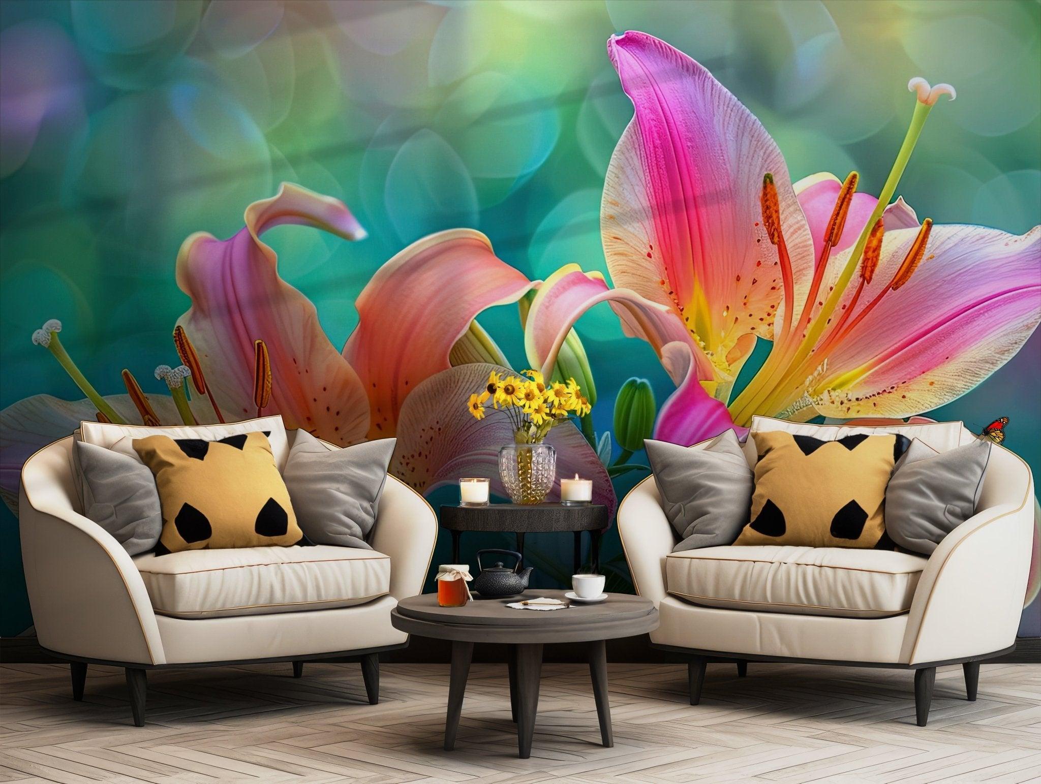 Flowers Red Yellow Wallpaper - Peel and Stick Mural - Lily Colorful Tropical Floral Botanical Green BV203