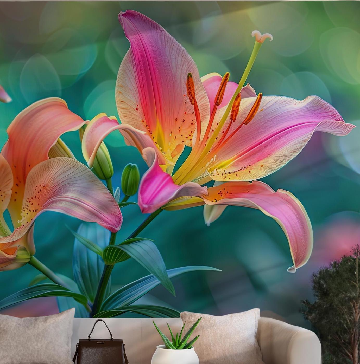 Flowers Red Yellow Wallpaper - Peel and Stick Mural - Lily Colorful Tropical Floral Botanical Green BV203