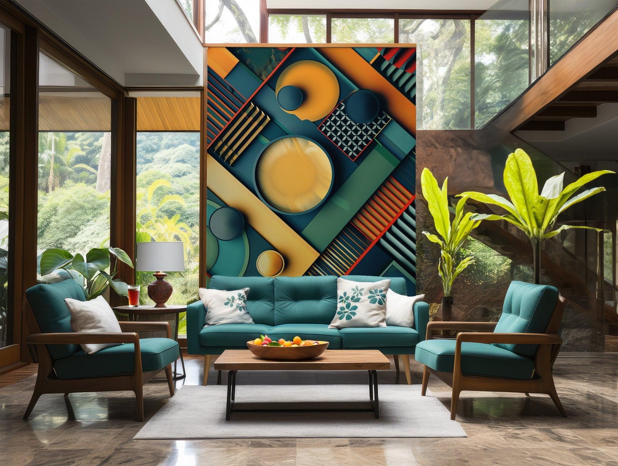 Futuristic Geometric Abstract Peel and Stick Wallpaper - Bold 3D Shapes Modern Colors BV144