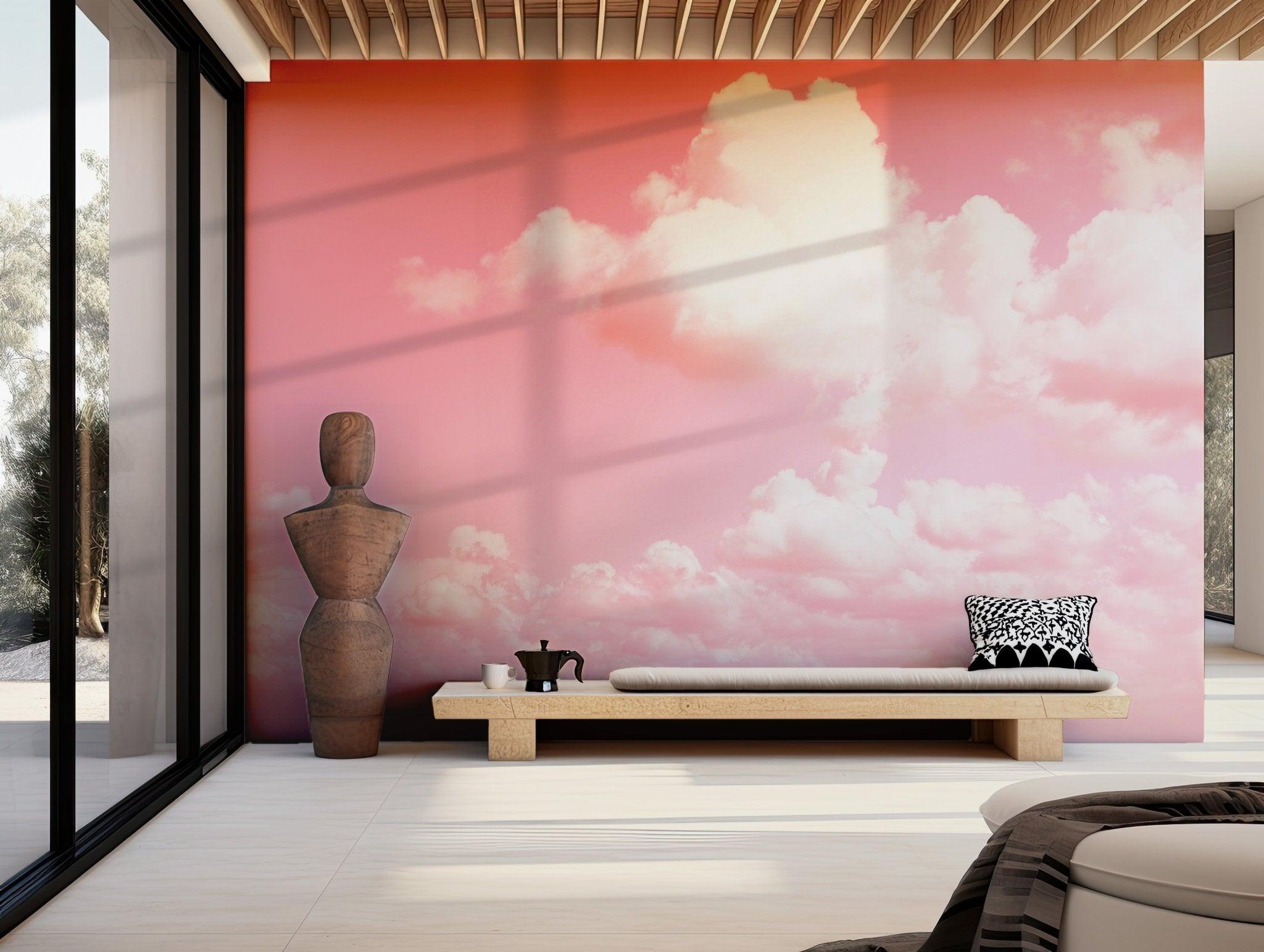 Girl Pink Sky Wallpaper - Self Adhesive Peel and Stick Wall Mural - Nursery Kids Soft Clouds BV283