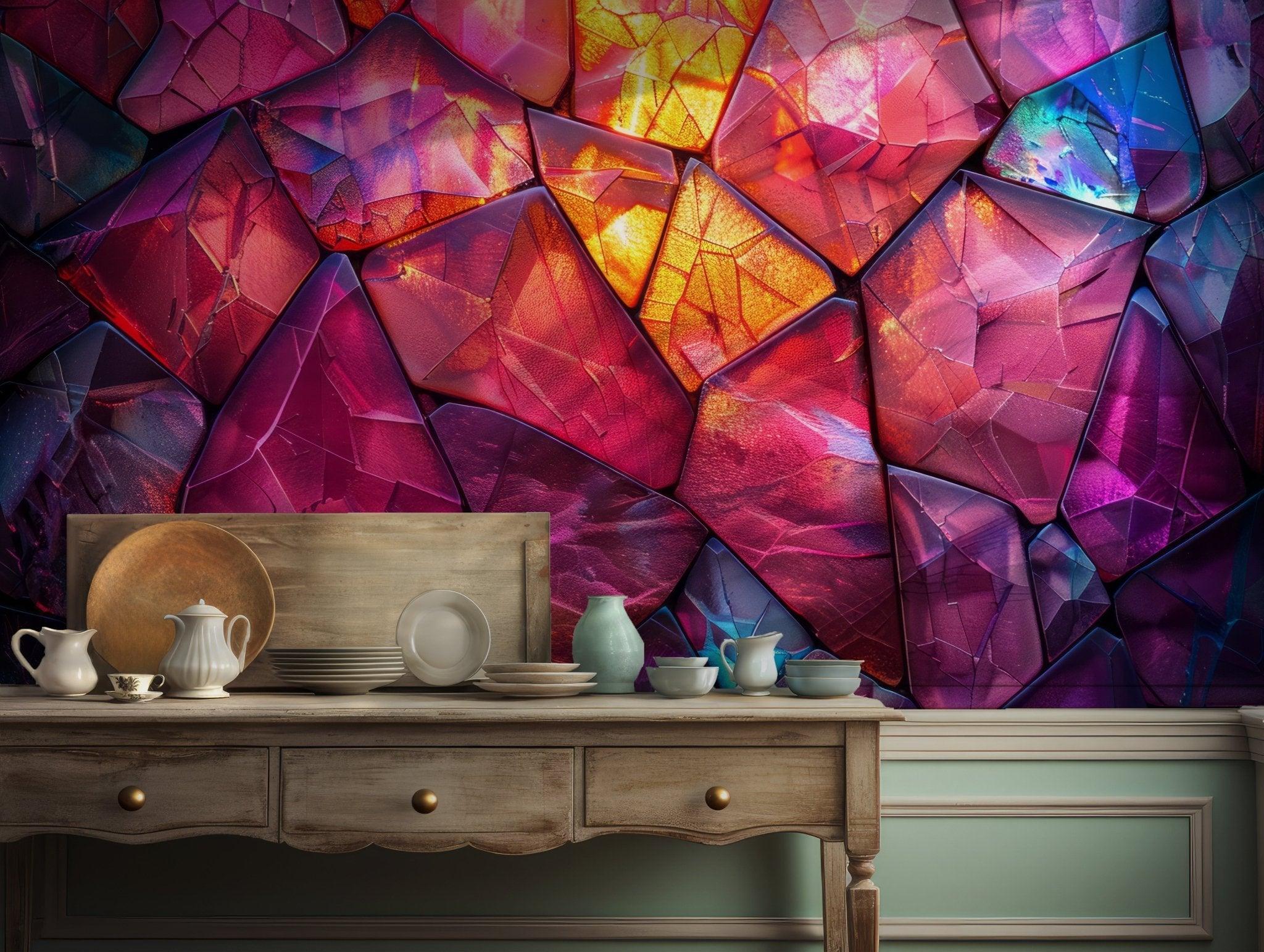 Glass Crystal Texture Wallpaper - Peel and Stick Wall Mural - Rainbow Mosaic Colors BV196