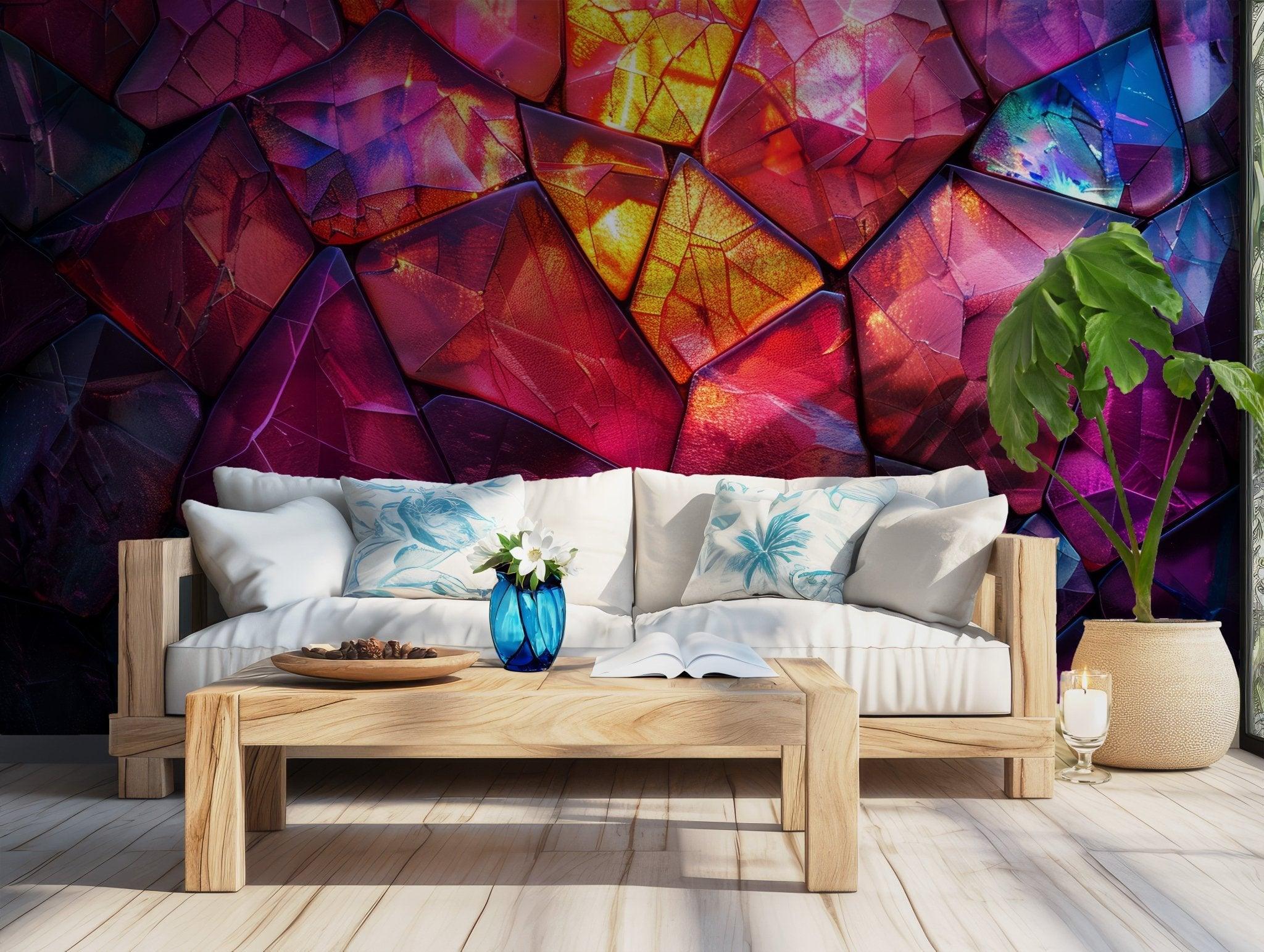 Glass Crystal Texture Wallpaper - Peel and Stick Wall Mural - Rainbow Mosaic Colors BV196