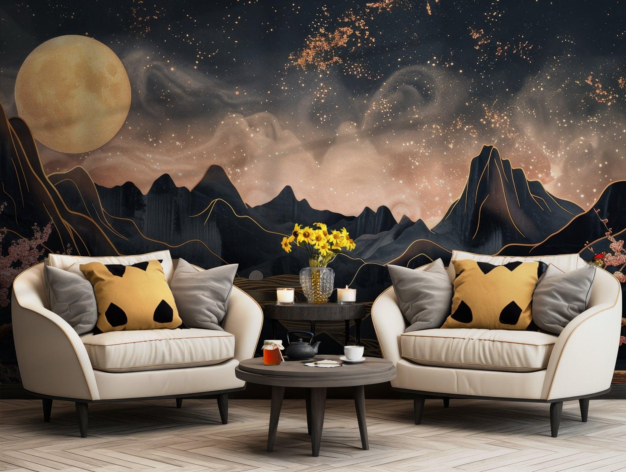 Gold Black Mountain Wallpaper - Self Adhesive Wall Mural - Blossom Flowers Night Moon BV220