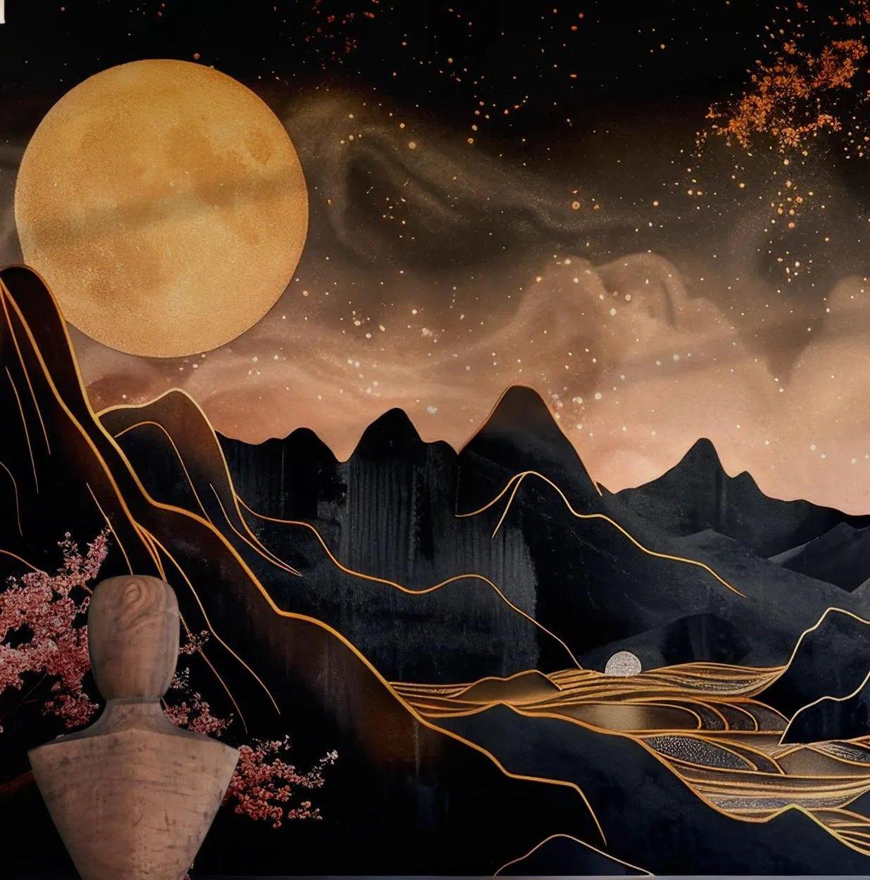 Gold Black Mountain Wallpaper - Self Adhesive Wall Mural - Blossom Flowers Night Moon BV220