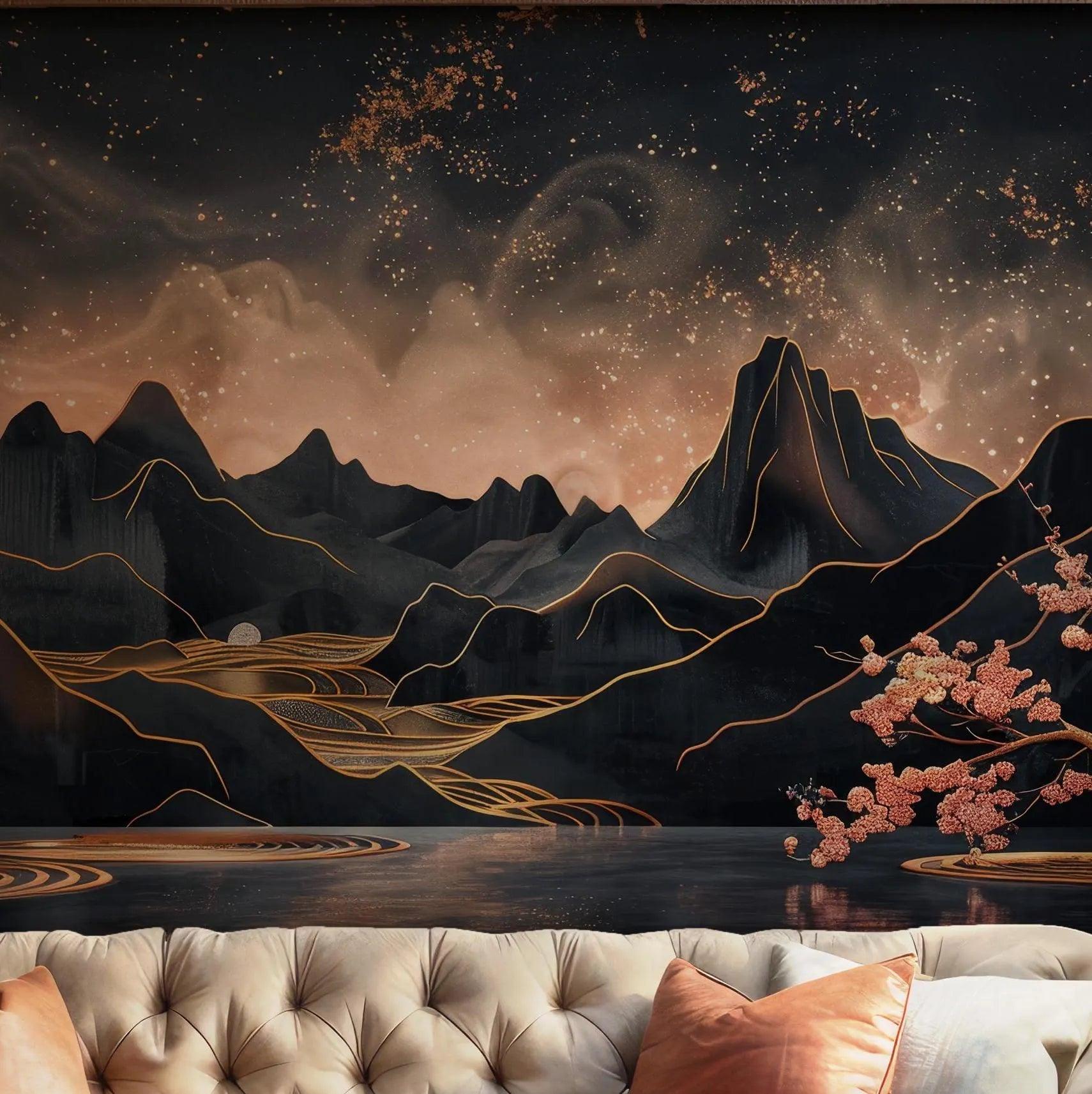 Gold Black Mountain Wallpaper - Self Adhesive Wall Mural - Blossom Flowers Night Moon BV220