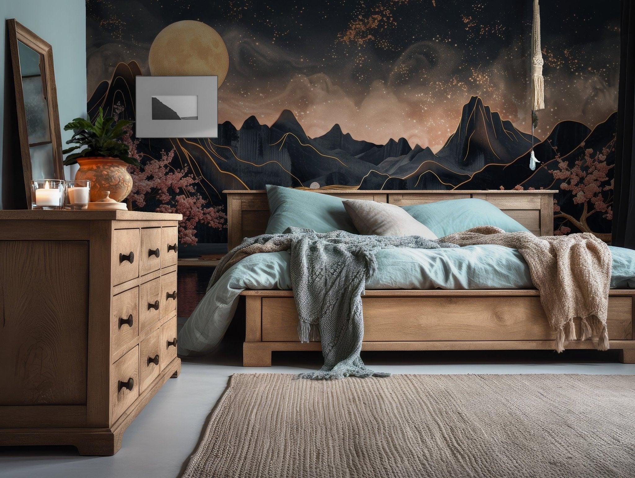 Gold Black Mountain Wallpaper - Self Adhesive Wall Mural - Blossom Flowers Night Moon BV220