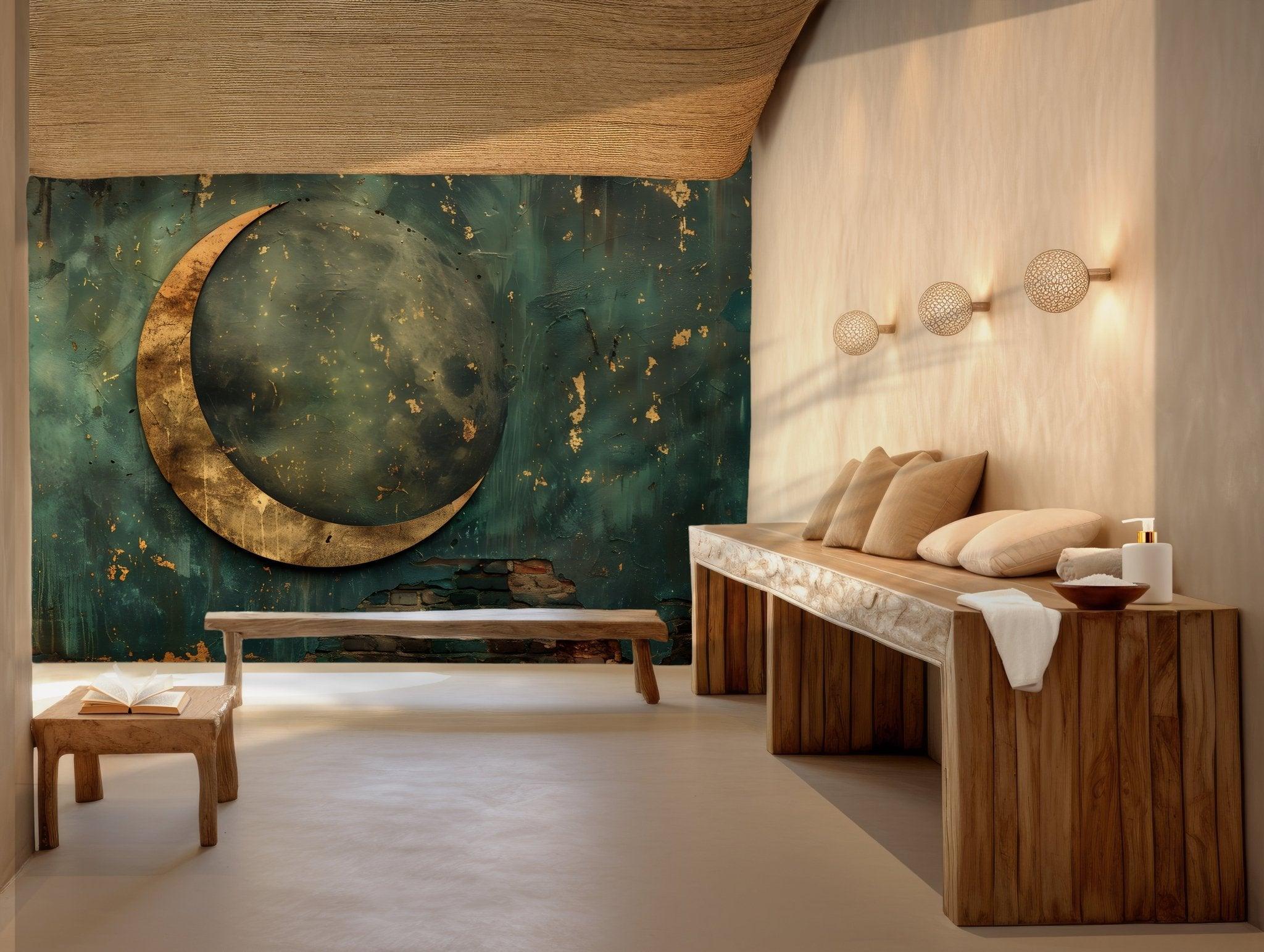 Gold Crescent Moon Wall Mural - Self Adhesive Wallpaper - Medieval Ramadan Sky Oil Teal BV201