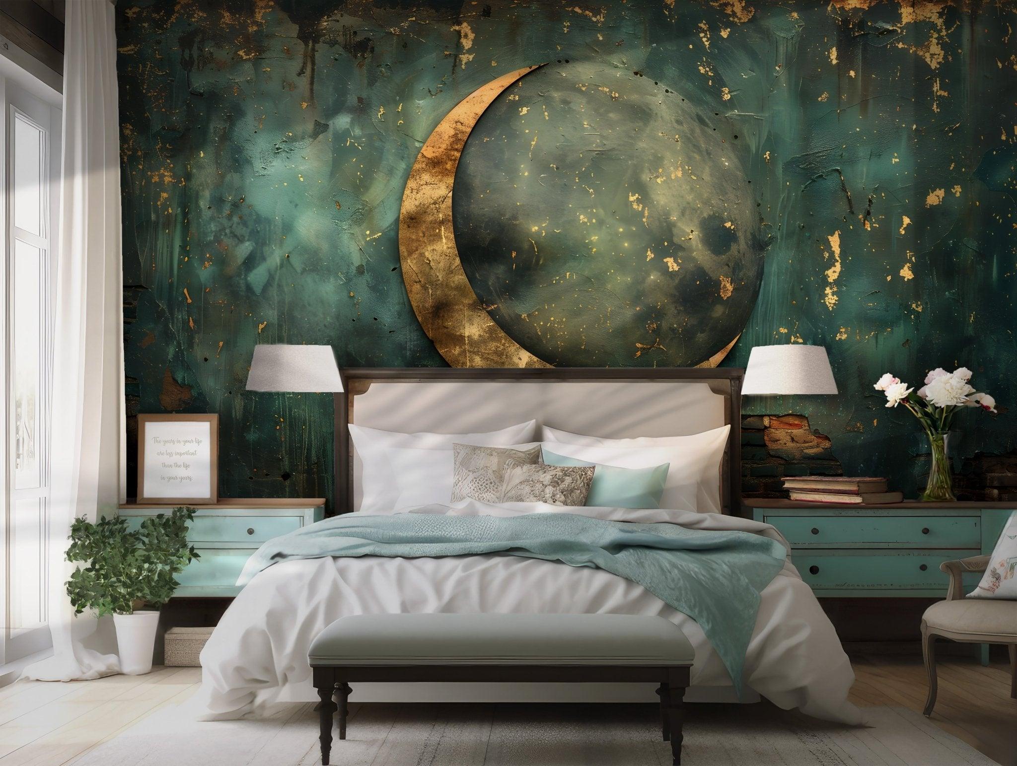 Gold Crescent Moon Wall Mural - Self Adhesive Wallpaper - Medieval Ramadan Sky Oil Teal BV201
