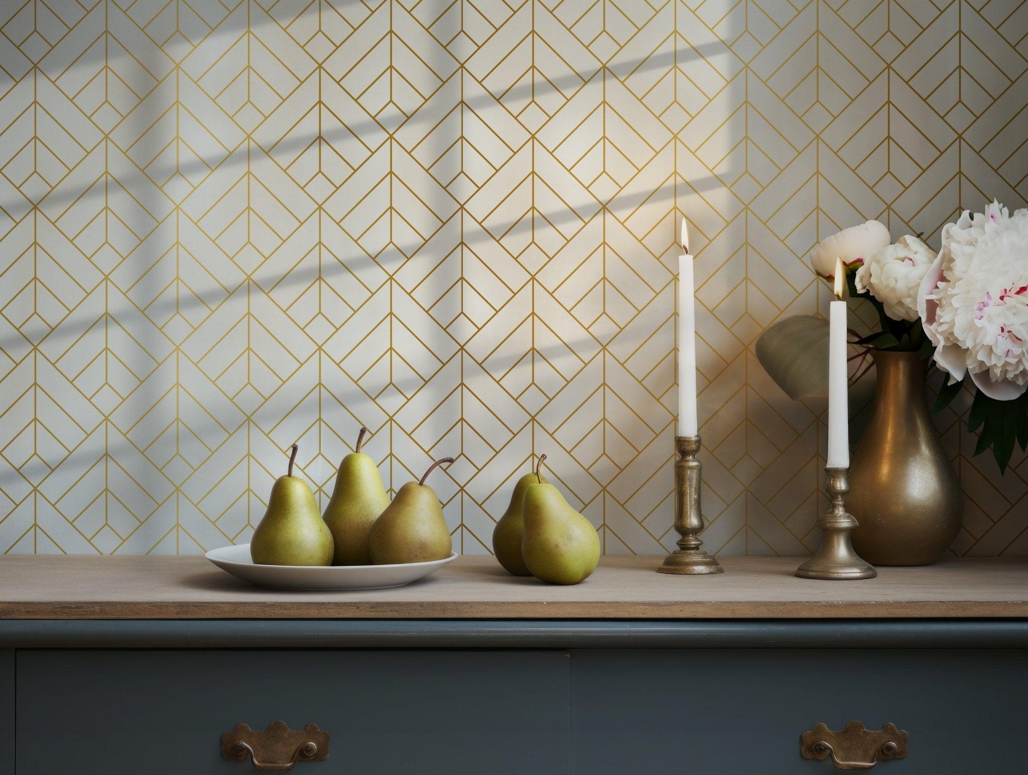 Gold Cube Pattern Art Deco Wallpaper - Minimalistic Geometric Nordic Design BV117