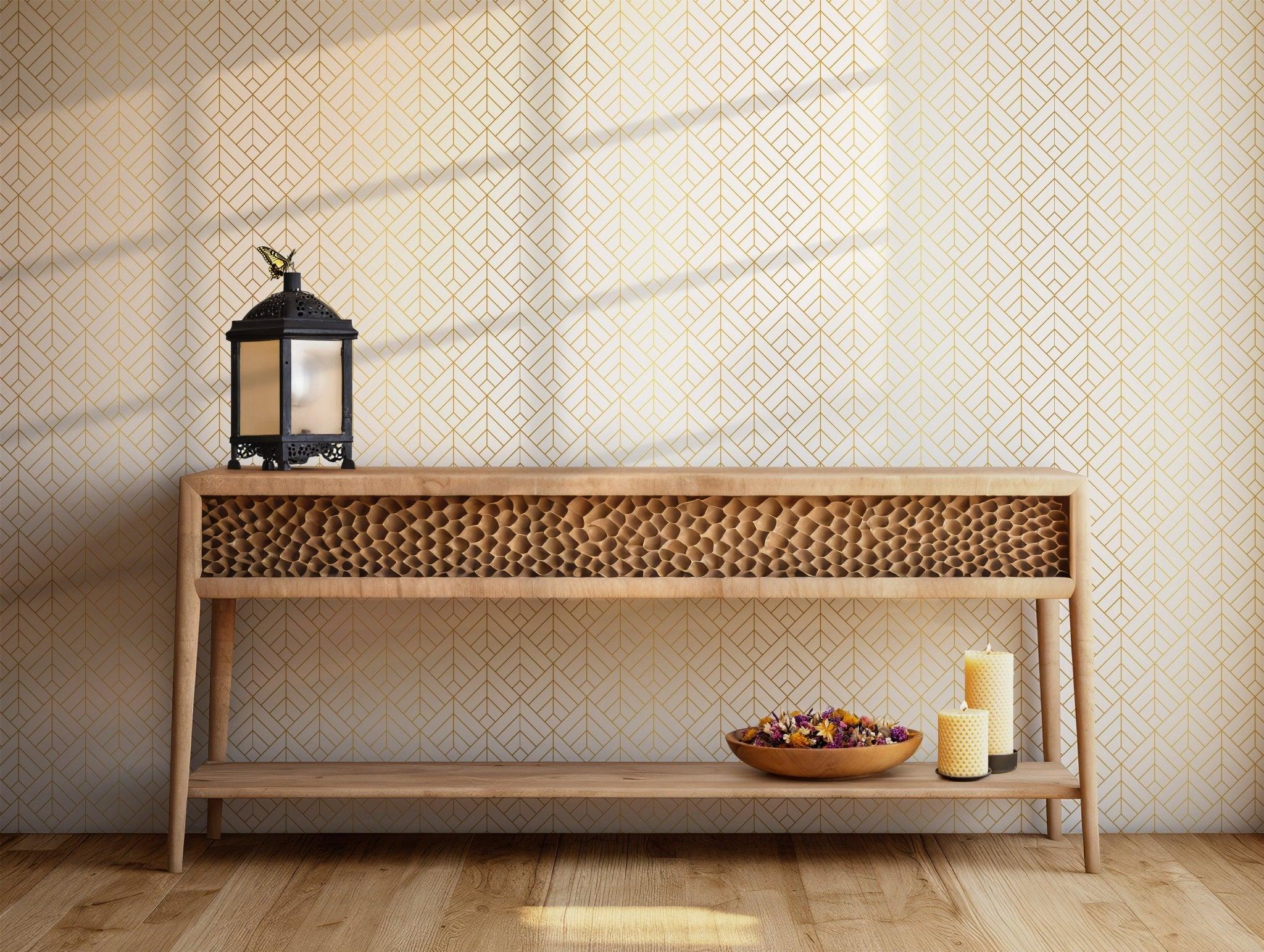 Gold Cube Pattern Art Deco Wallpaper - Minimalistic Geometric Nordic Design BV117