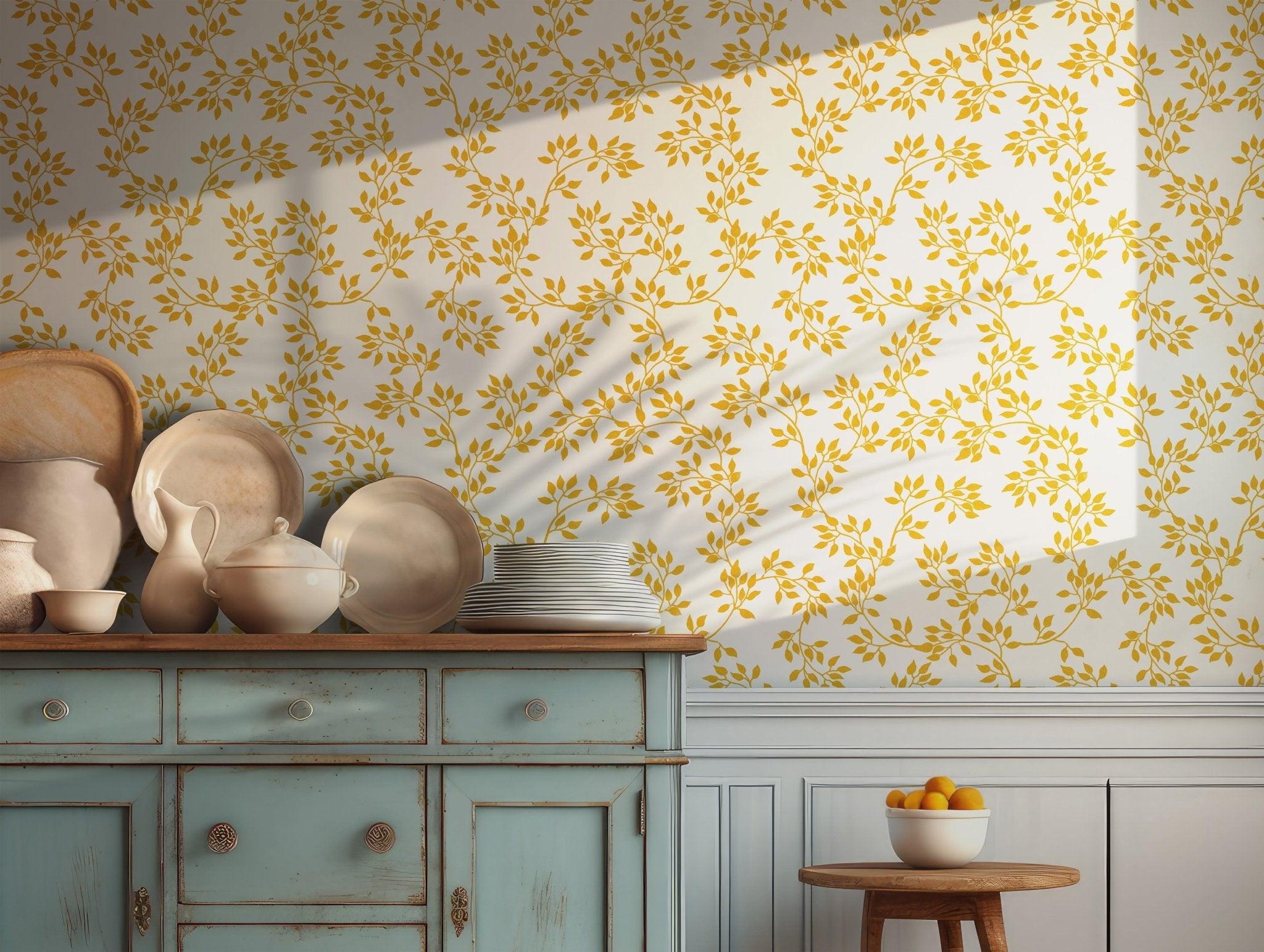 Gold Leaf Branch Wallpaper - Self Adhesive - Modern Elegant White Background BV247