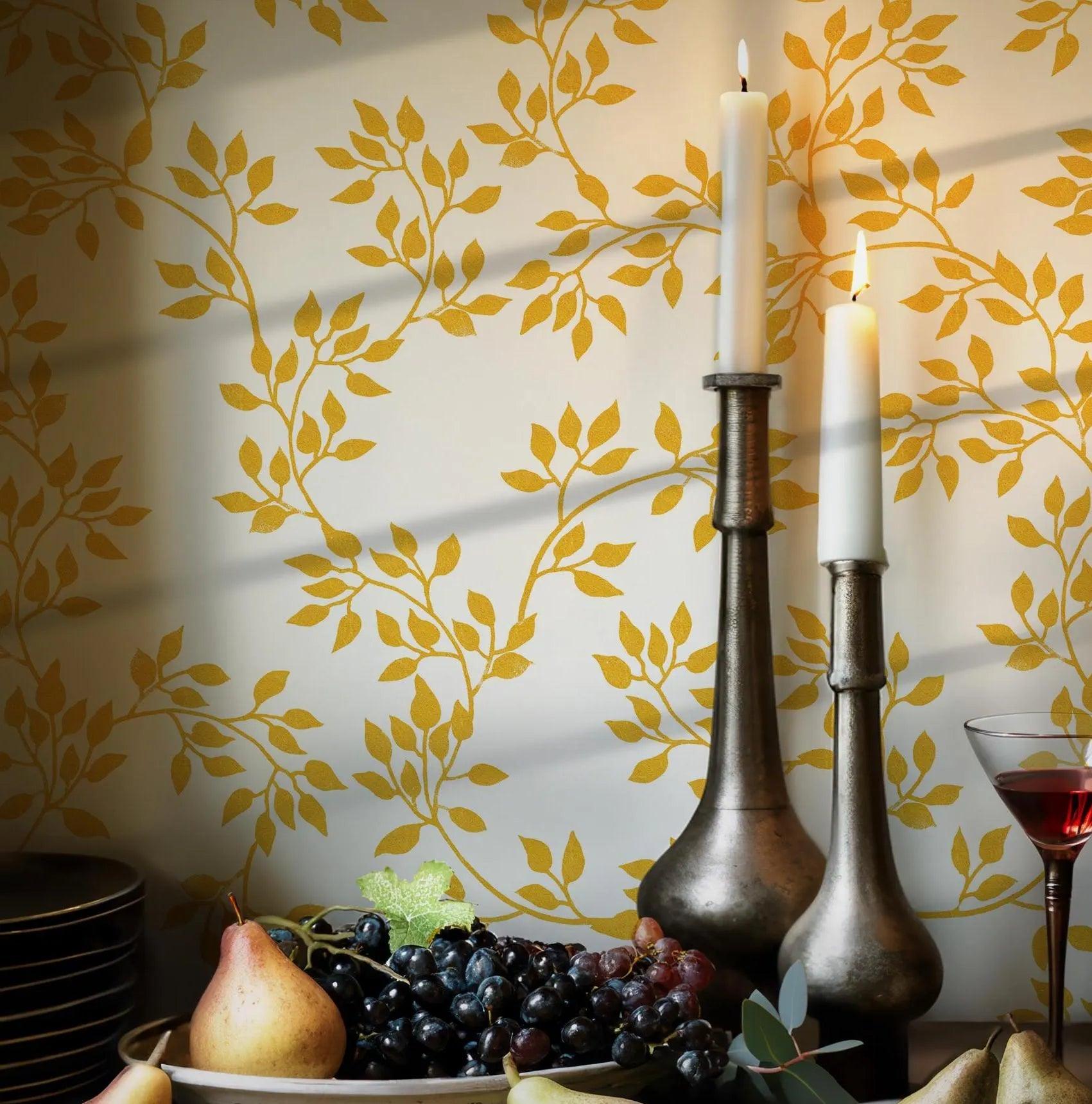 Gold Leaf Branch Wallpaper - Self Adhesive - Modern Elegant White Background BV247