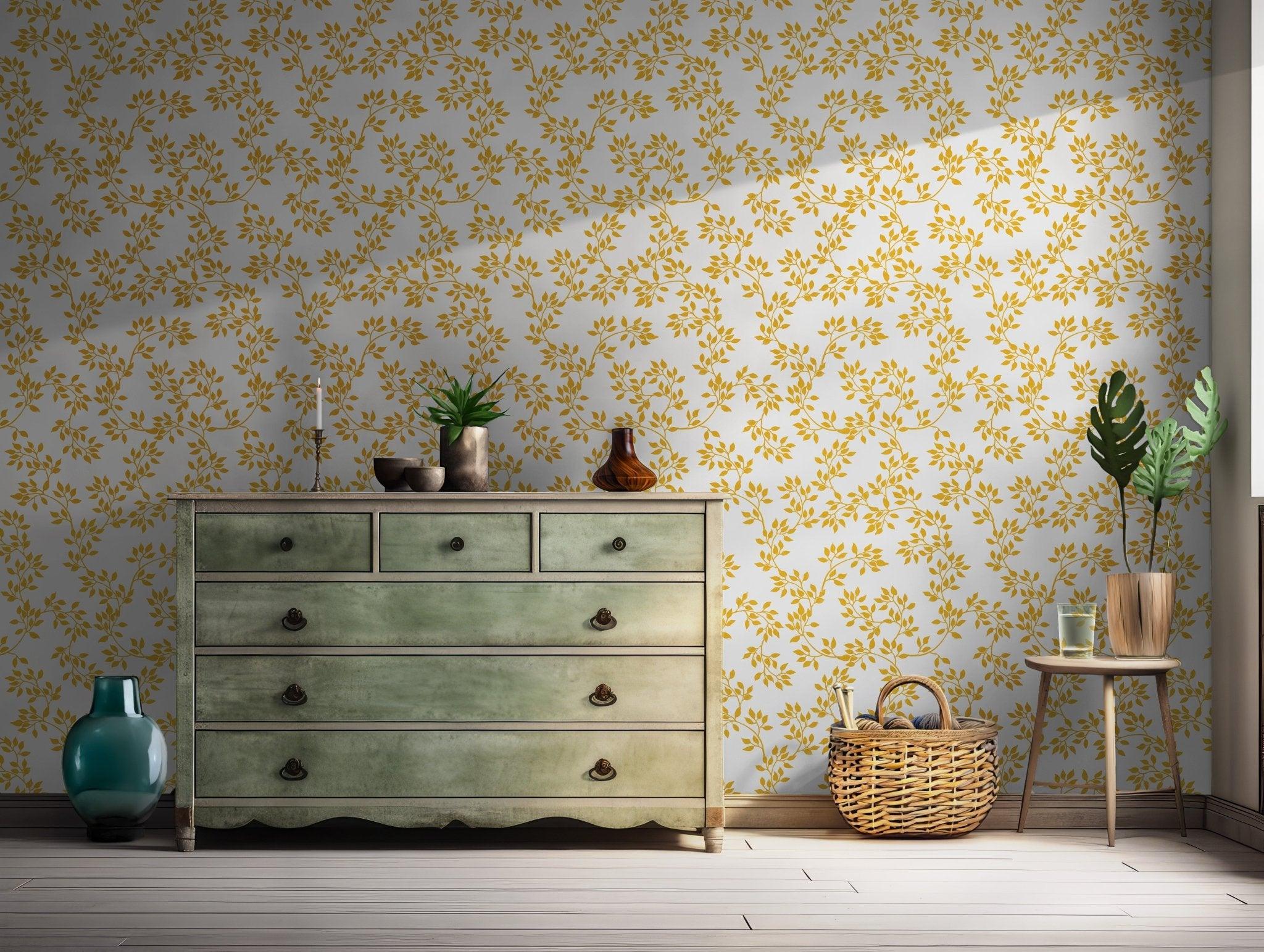 Gold Leaf Branch Wallpaper - Self Adhesive - Modern Elegant White Background BV247