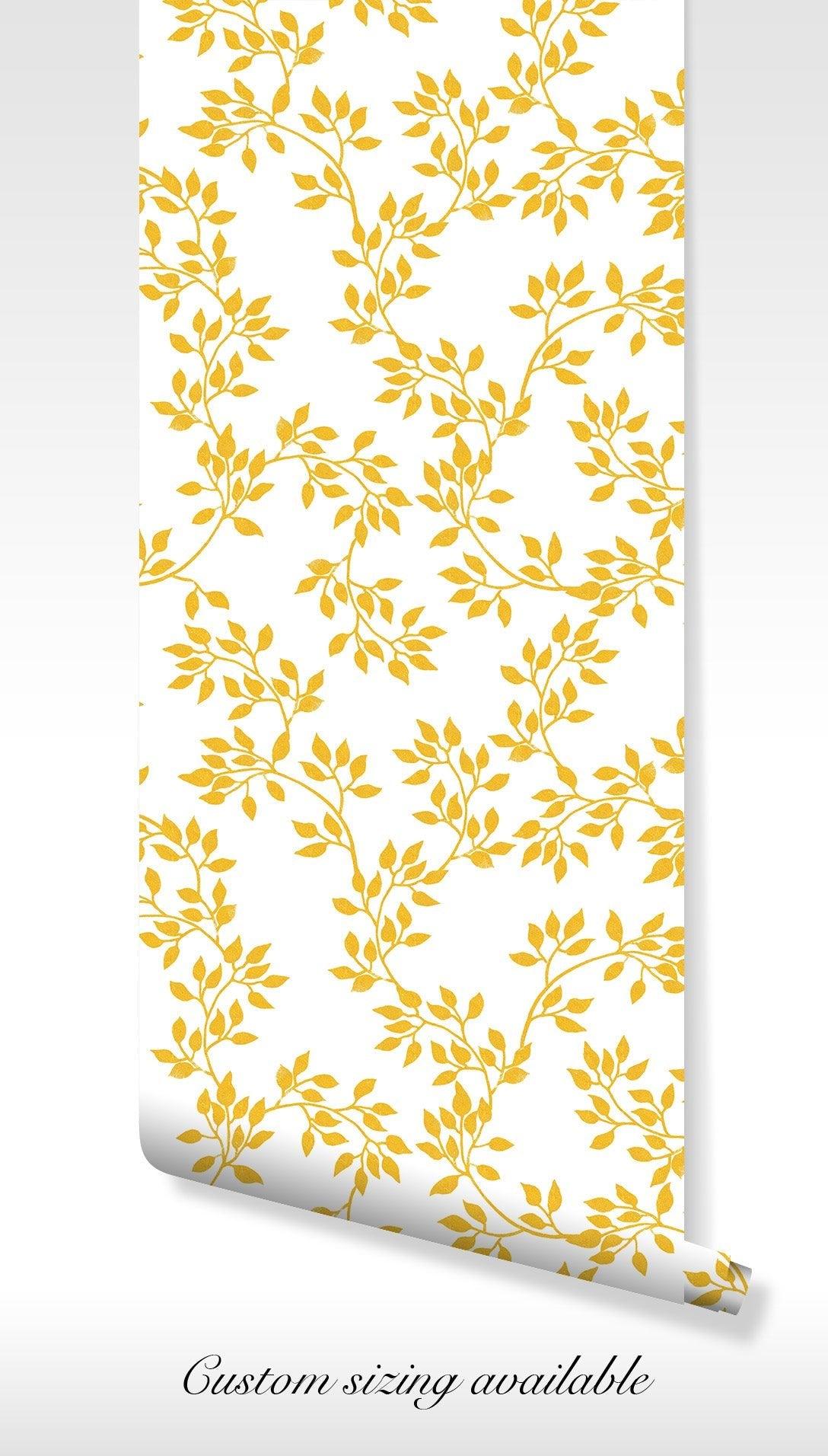 Gold Leaf Branch Wallpaper - Self Adhesive - Modern Elegant White Background BV247