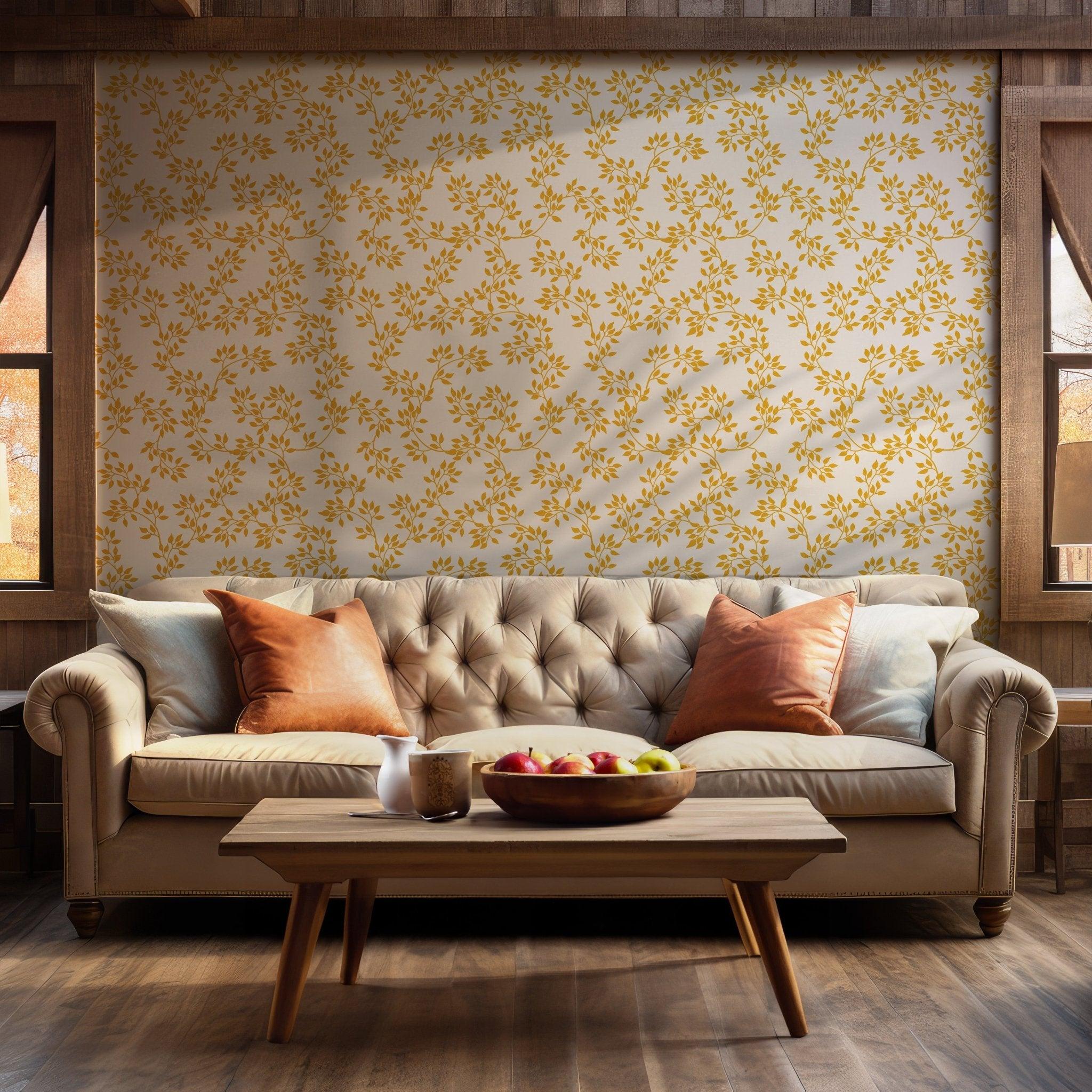 Gold Leaf Branch Wallpaper - Self Adhesive - Modern Elegant White Background BV247