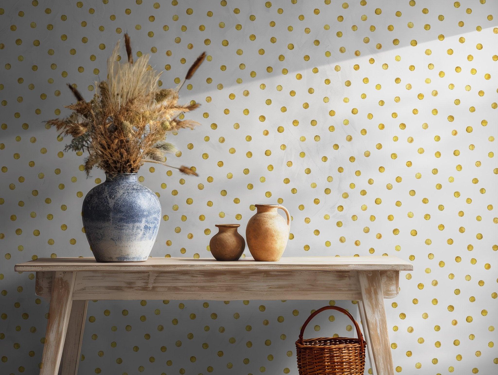 Gold Polka Dot Wallpaper - Self Adhesive Peel and Stick - Pattern on White Background Chic BV244