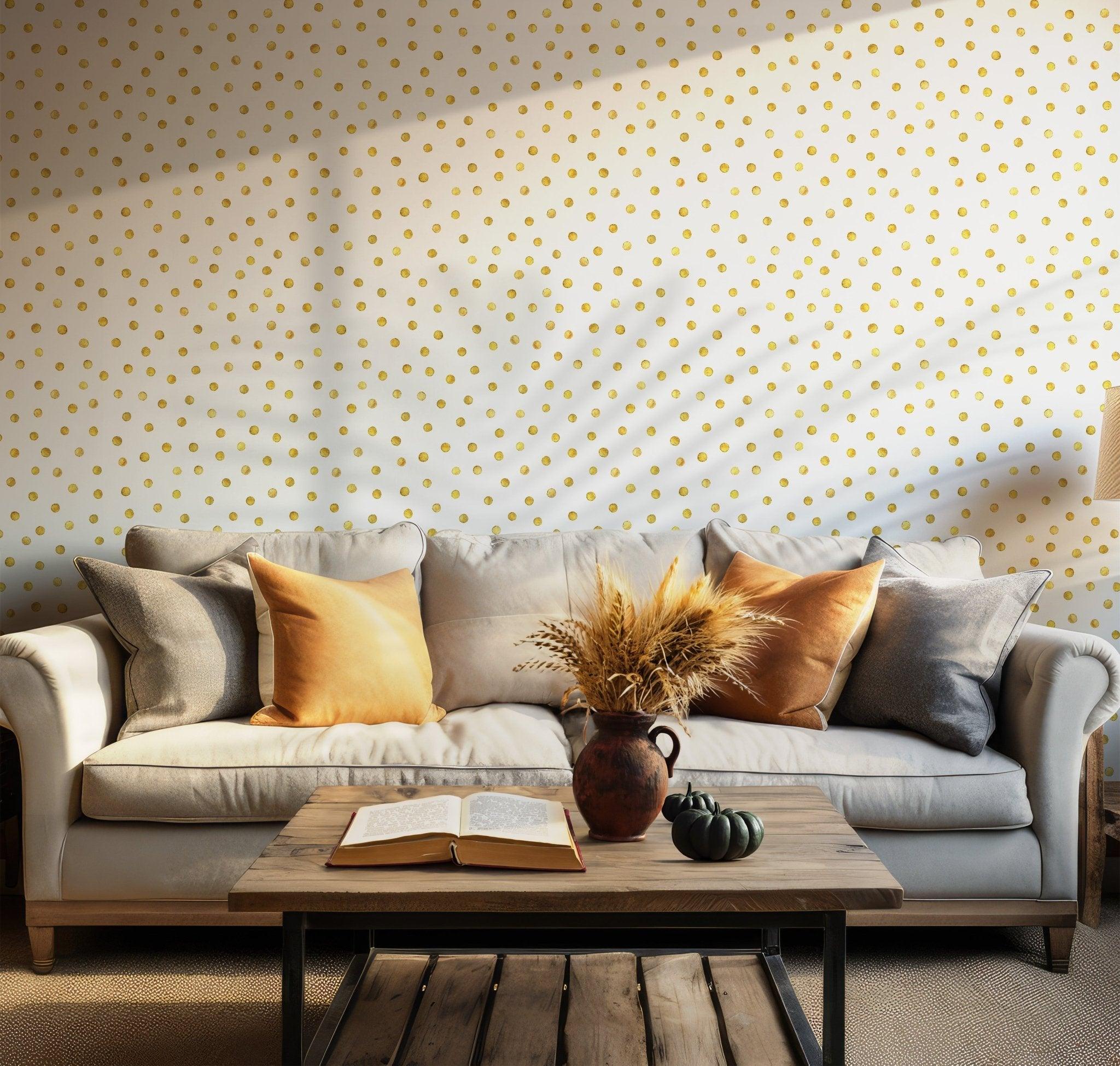 Gold Polka Dot Wallpaper - Self Adhesive Peel and Stick - Pattern on White Background Chic BV244
