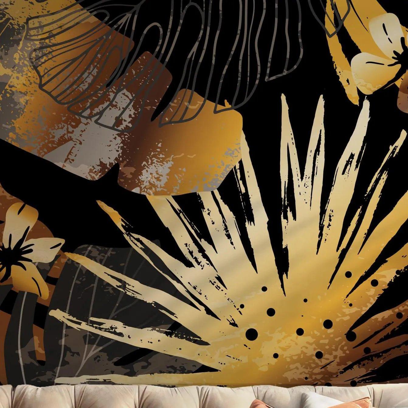 Golden Black Tropical Leaves Wallpaper - Peel and Stick Wall Mural - Modern Floral BV185